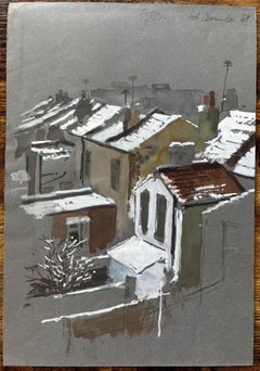 Snow Covered Rooftops in South London Watercolour Scene Winter 1981