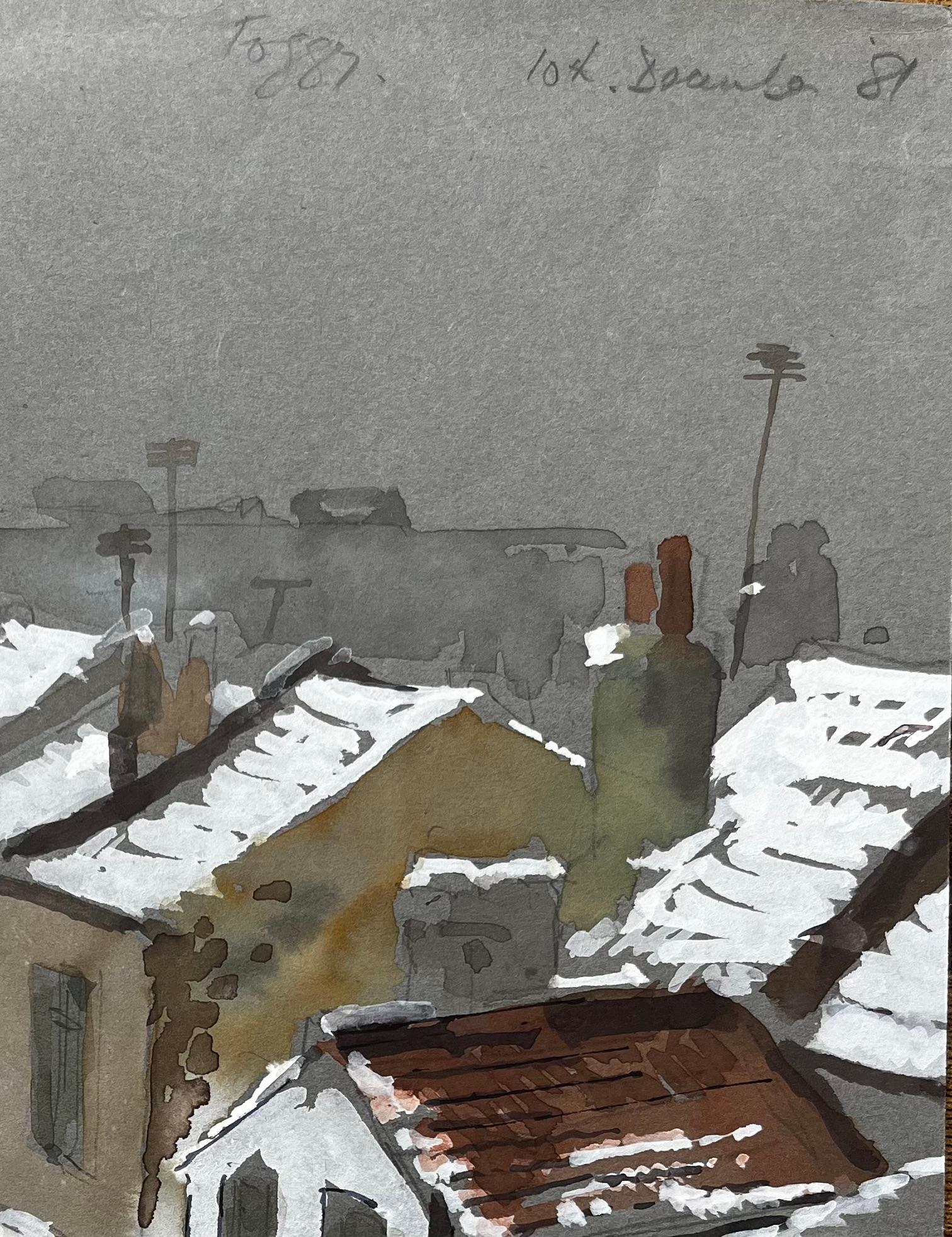 Schneebedeckte Dächer in Südlondon Aquarellszene Winter 1981 (Impressionismus), Painting, von Anthony Herbert