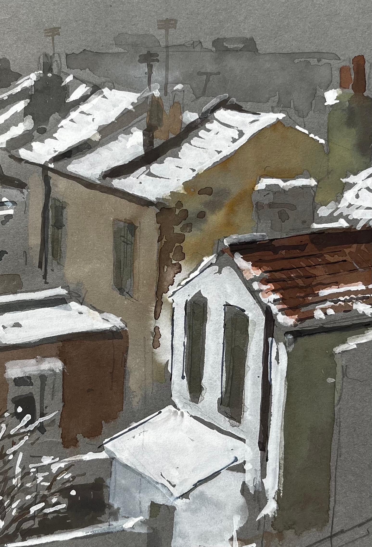 Titel: Schneebedeckte Dächer in Südlondon Aquarellszene Winter 1981
Von Tony Herbert (1927-2024)
Medium: Aquarell auf Papier, ungerahmt
Größe: 11,75 Zoll (Höhe) x 8,75 Zoll (Breite)
Zustand: gut, einige altersbedingte Gebrauchsspuren
Provenienz: Aus
