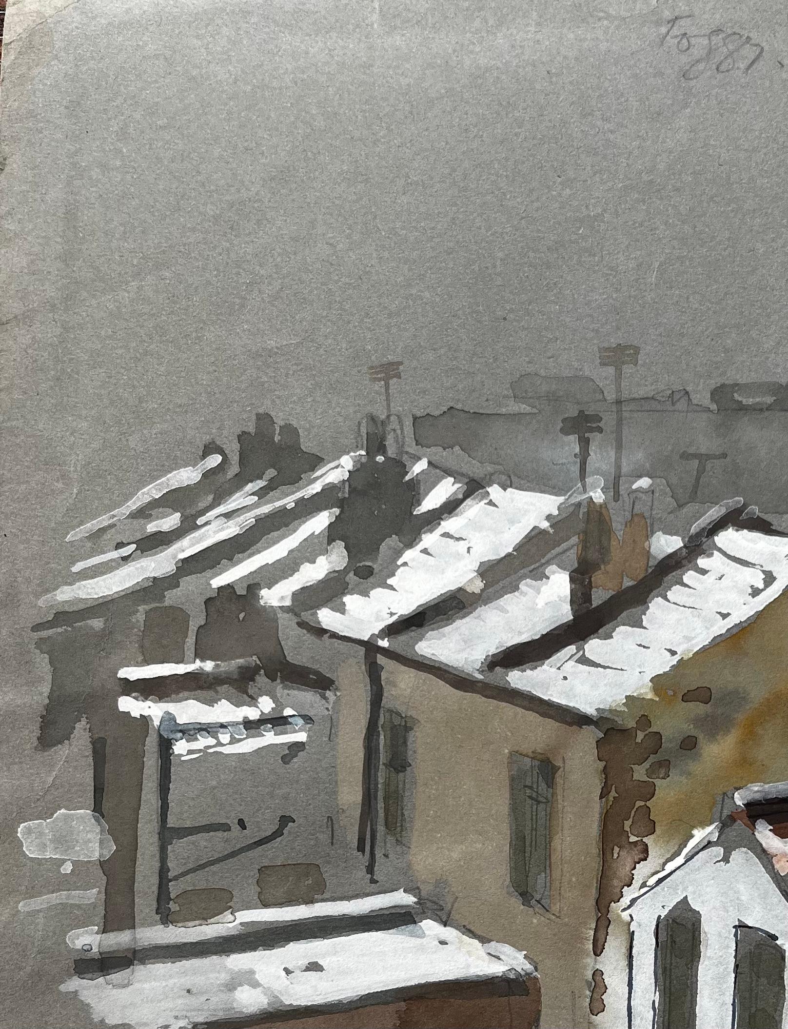 Schneebedeckte Dächer in Südlondon Aquarellszene Winter 1981 im Angebot 1