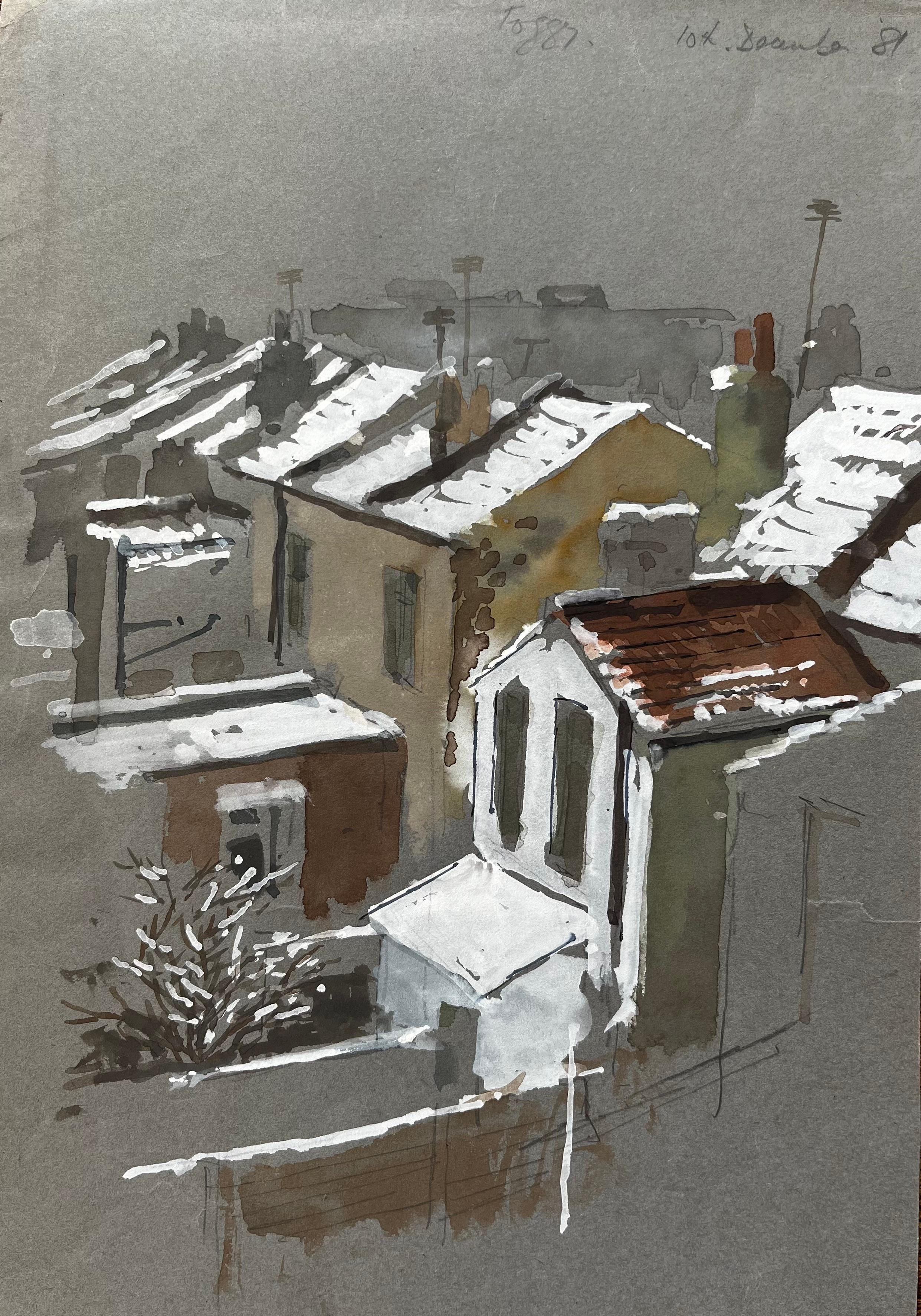 Anthony Herbert Landscape Painting – Schneebedeckte Dächer in Südlondon Aquarellszene Winter 1981