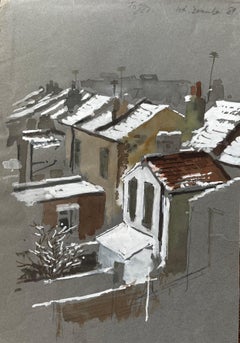 Tejados cubiertos de nieve en el sur de Londres Escena de acuarela Invierno de 1981