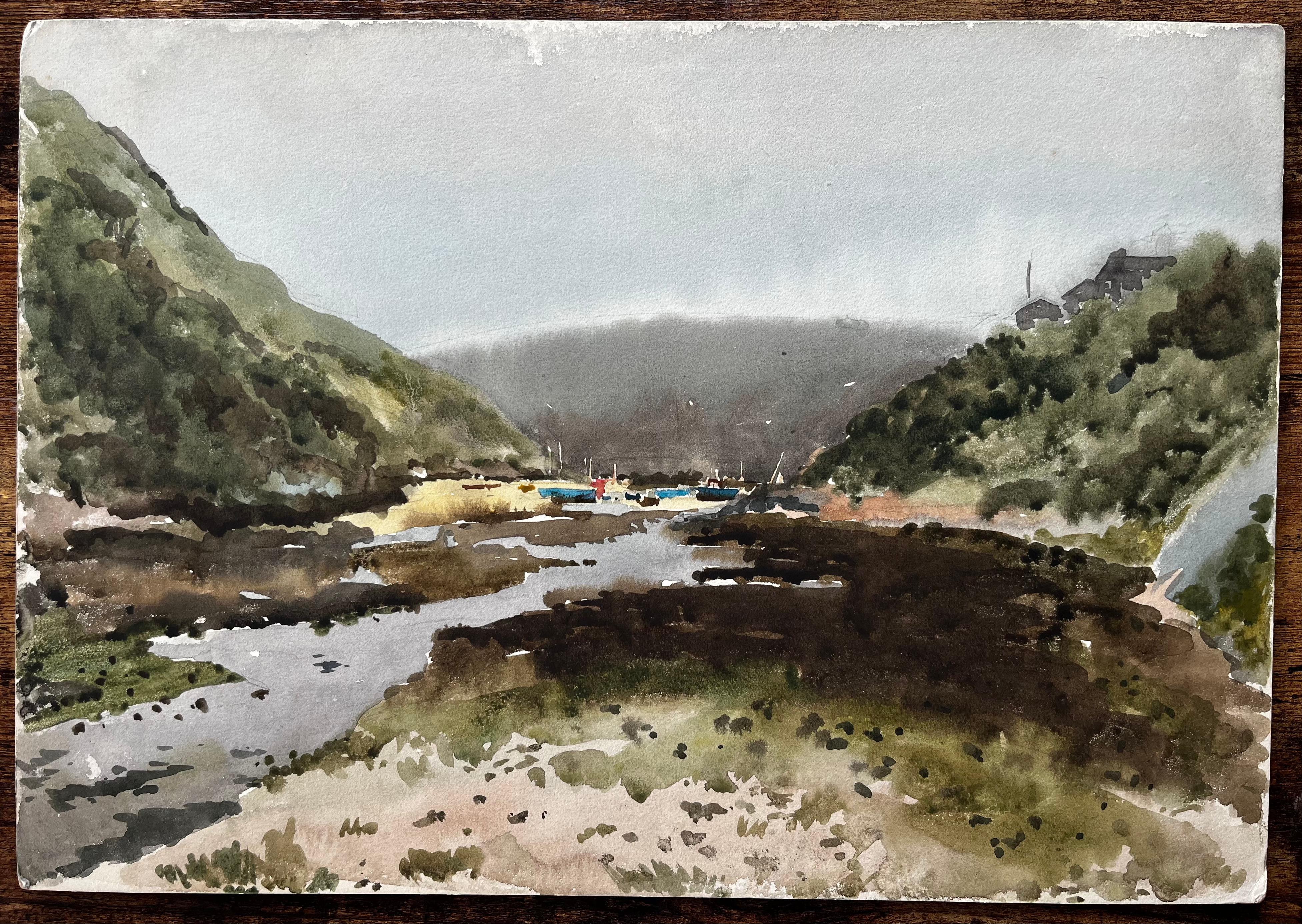 Solva Harbour View With Boats And Hills Wales 1969 Aquarelle originale - Painting de Anthony Herbert