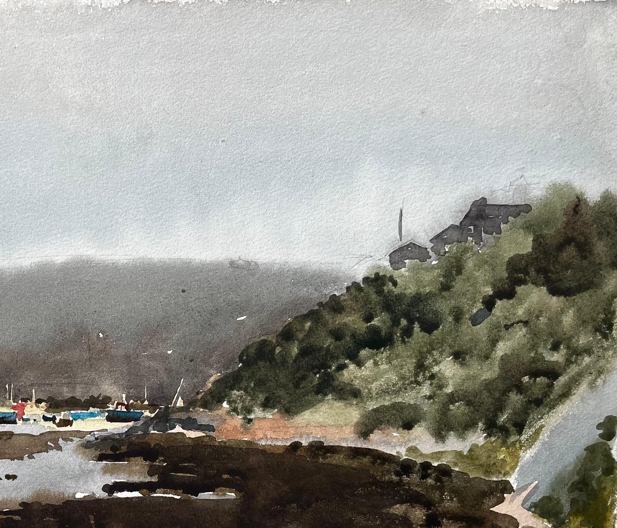 Solva Harbour View With Boats And Hills Wales 1969 Aquarelle originale - Impressionnisme Painting par Anthony Herbert