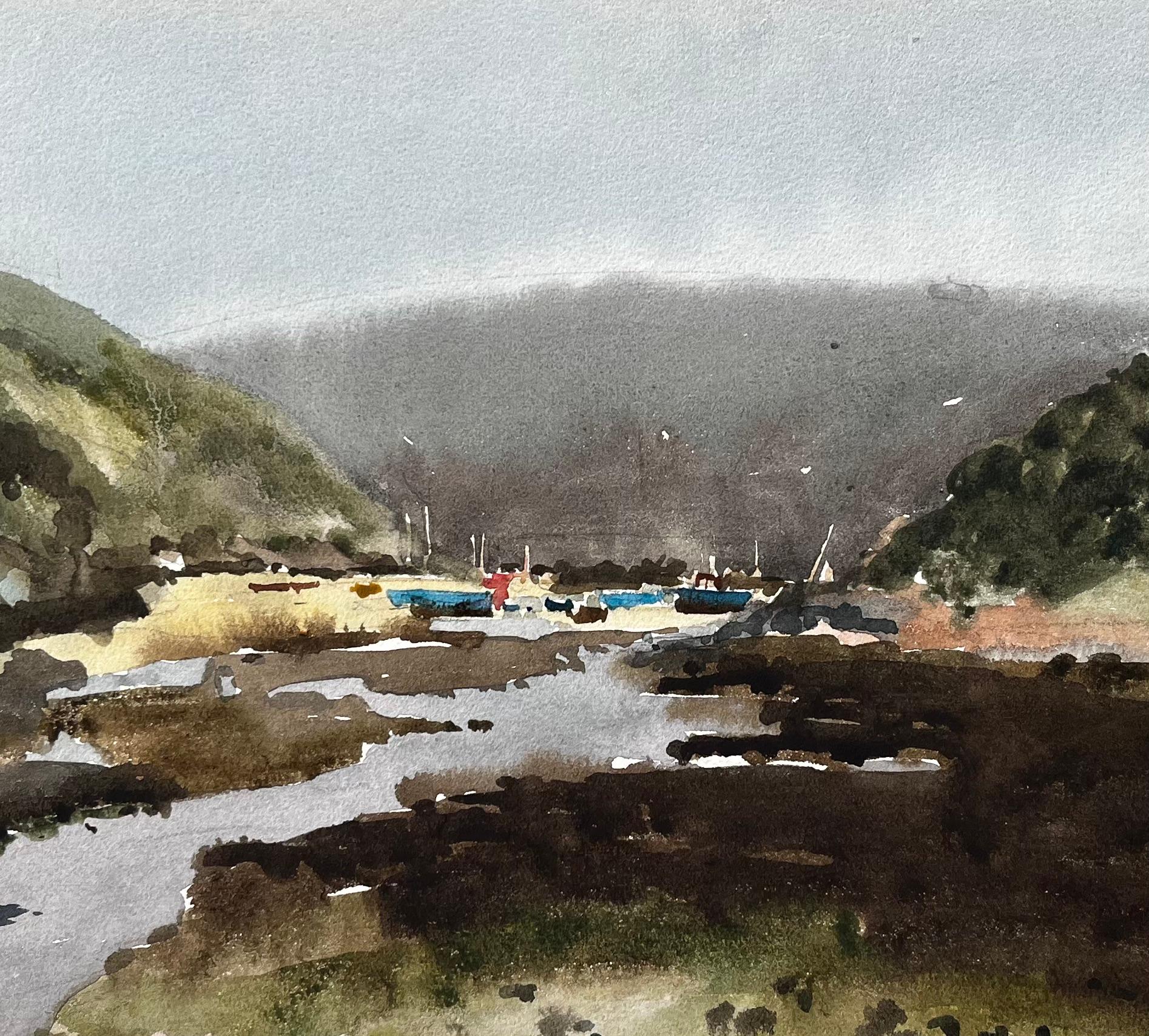 Solva Harbour View With Boats And Hills Wales 1969 Aquarelle originale en vente 2