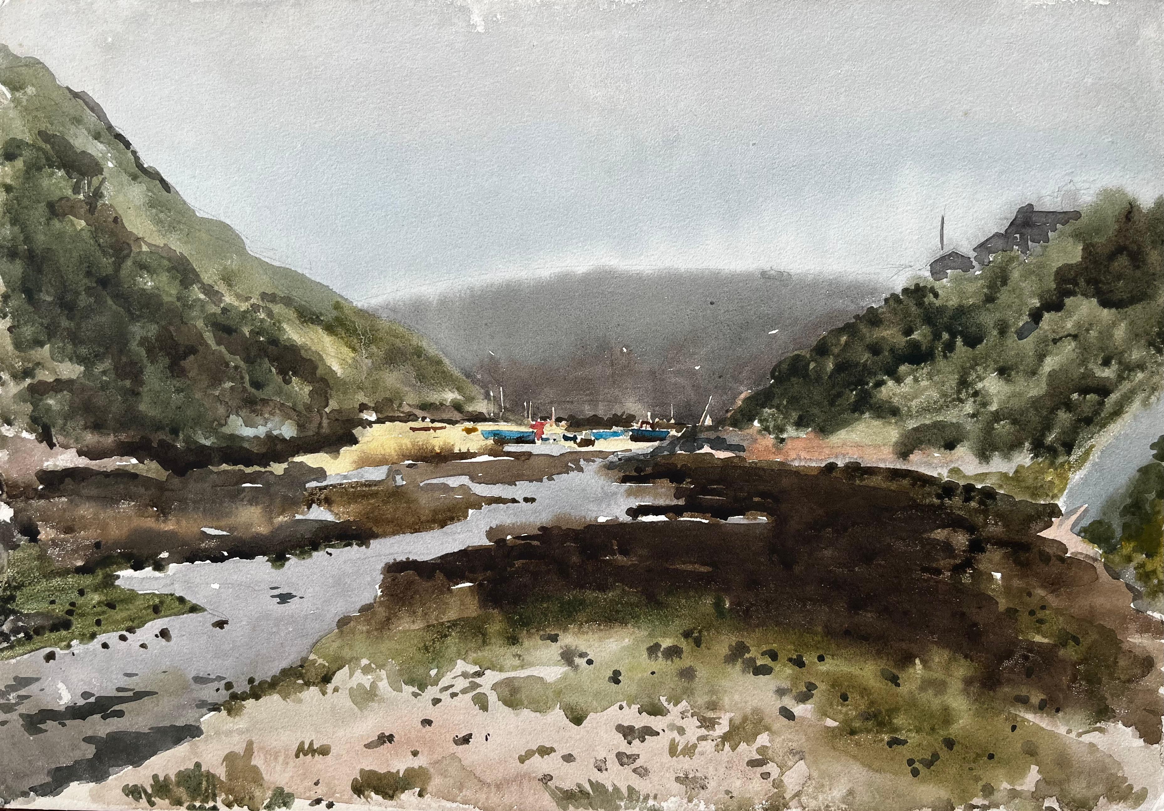 Landscape Painting Anthony Herbert - Solva Harbour View With Boats And Hills Wales 1969 Aquarelle originale