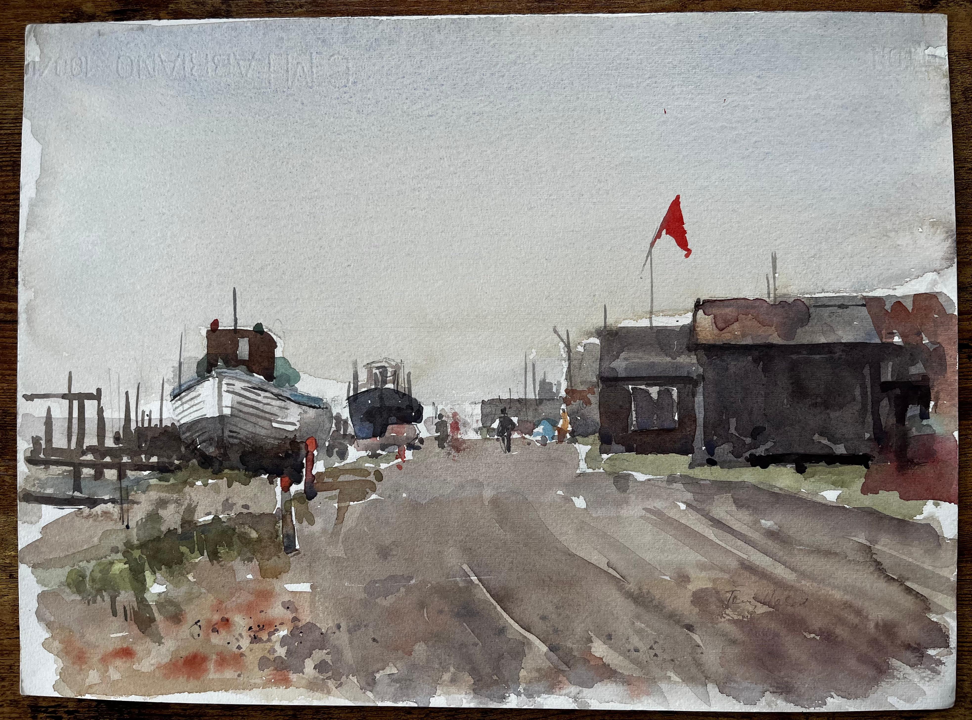 Southwold Boatyard mit Red Flag Fishing Sheds und Harbour Walkway Aquarell – Art von Anthony Herbert