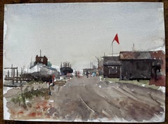 Southwold Boatyard with Red Flag Fishing Sheds and Harbour Walkway Watercolour