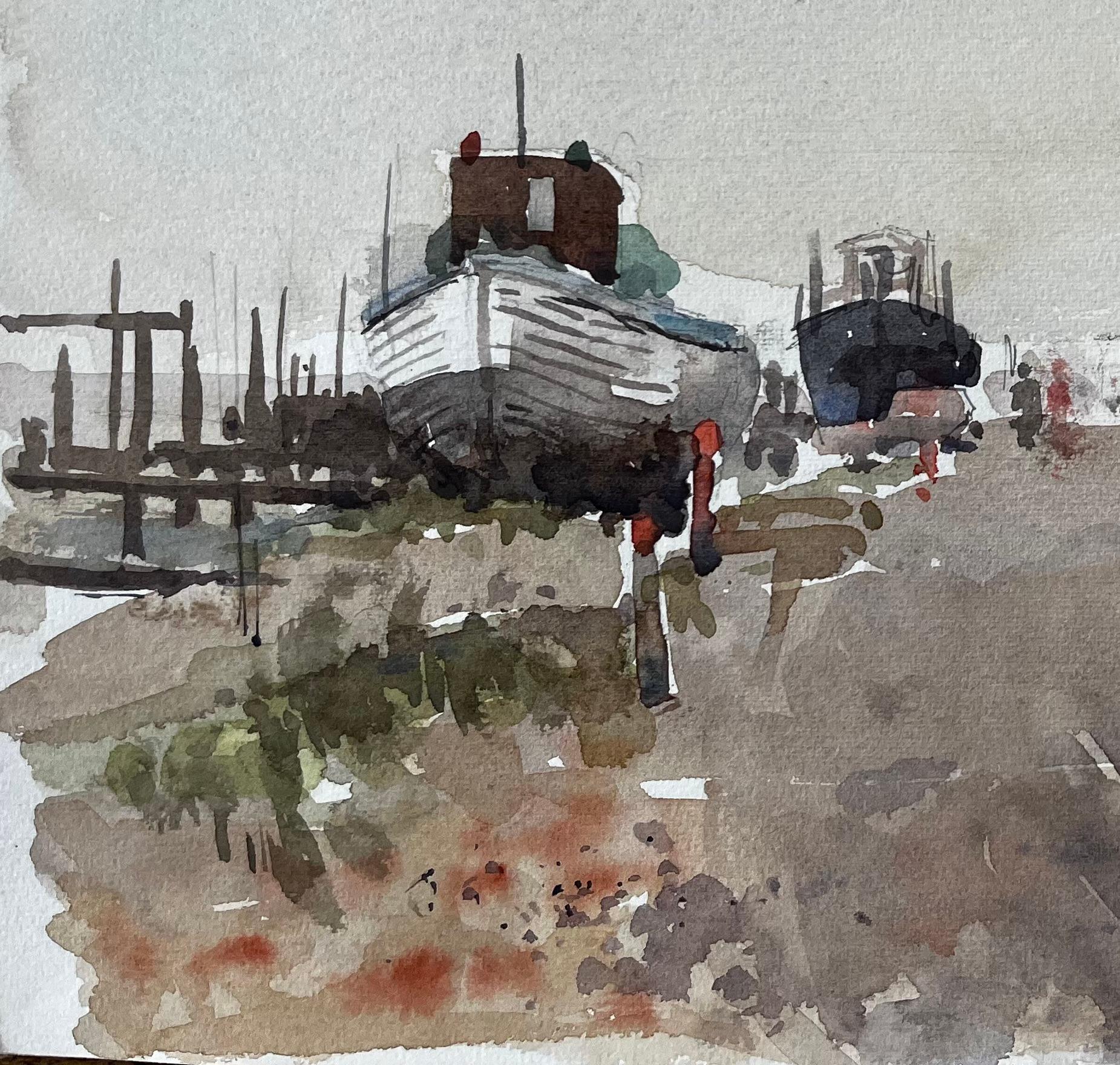 Southwold Boatyard mit Red Flag Fishing Sheds und Harbour Walkway Aquarell (Impressionismus), Art, von Anthony Herbert