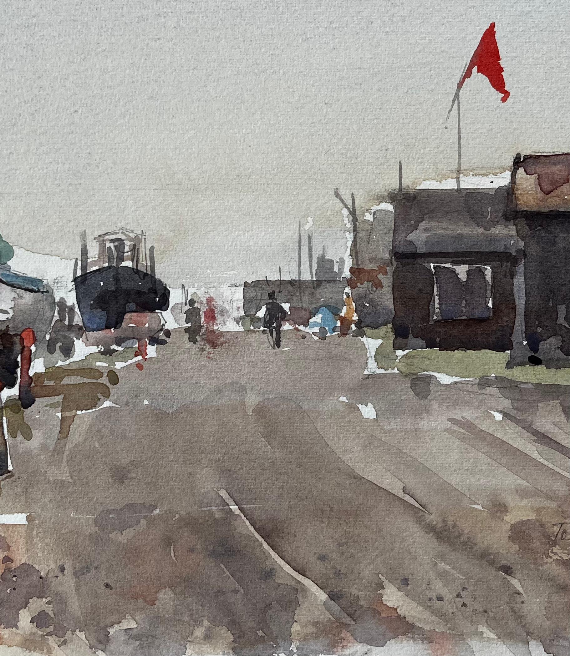 Southwold Boatyard mit Red Flag Fishing Sheds und Harbour Walkway Aquarell (Grau), Landscape Art, von Anthony Herbert