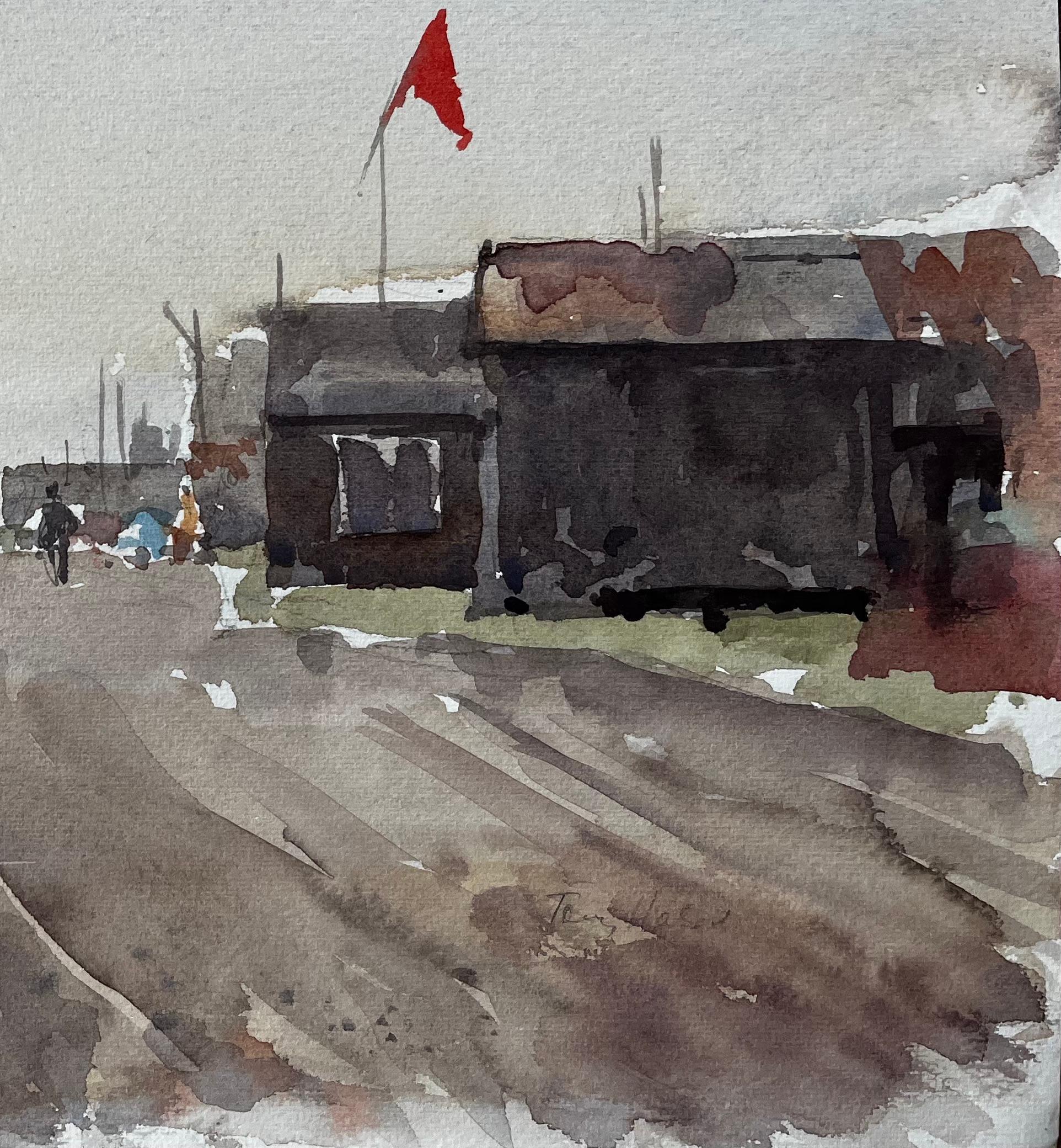 Titel: Southwold Boatyard mit Red Flag Fishing Sheds und Hafenpromenade Aquarell
Von Tony Herbert (1927-2024)
Signiert: Rechts unten
Medium: Aquarell auf Künstlerpapier
Größe: 11 x 15 Zoll 
Zustand: Insgesamt gut; leichte Randabnutzung an den