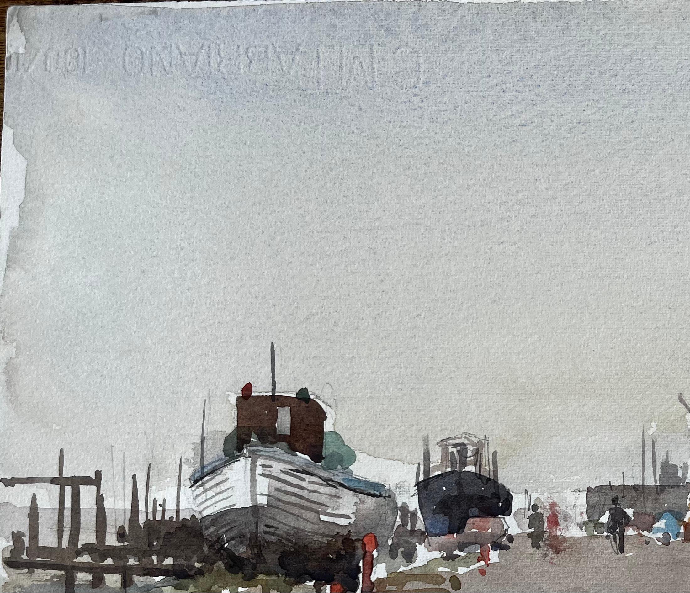 Southwold Boatyard mit Red Flag Fishing Sheds und Harbour Walkway Aquarell im Angebot 1