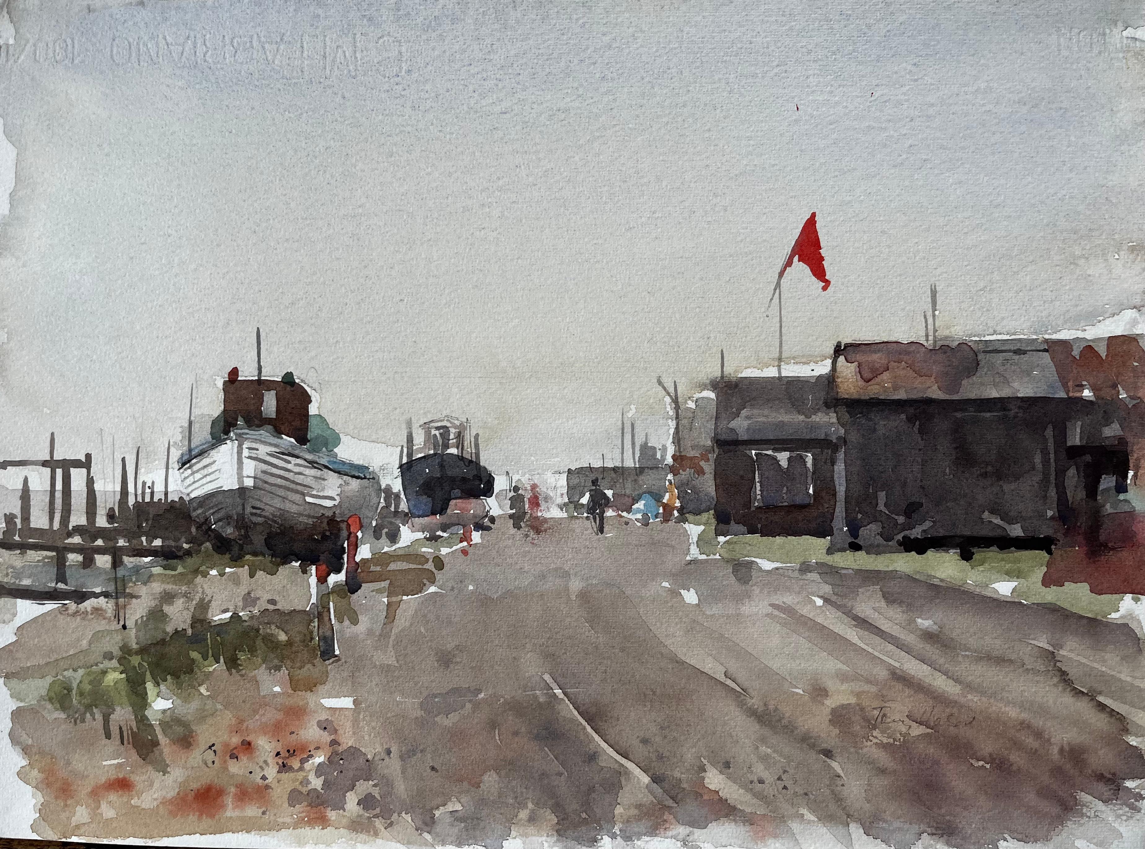 Chantier naval de Southwold avec hangars de pêche à pavillon rouge et passerelle portuaire Aquarelle