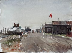Acuarela del astillero de Southwold con los cobertizos de pesca de bandera roja y el paseo del puerto