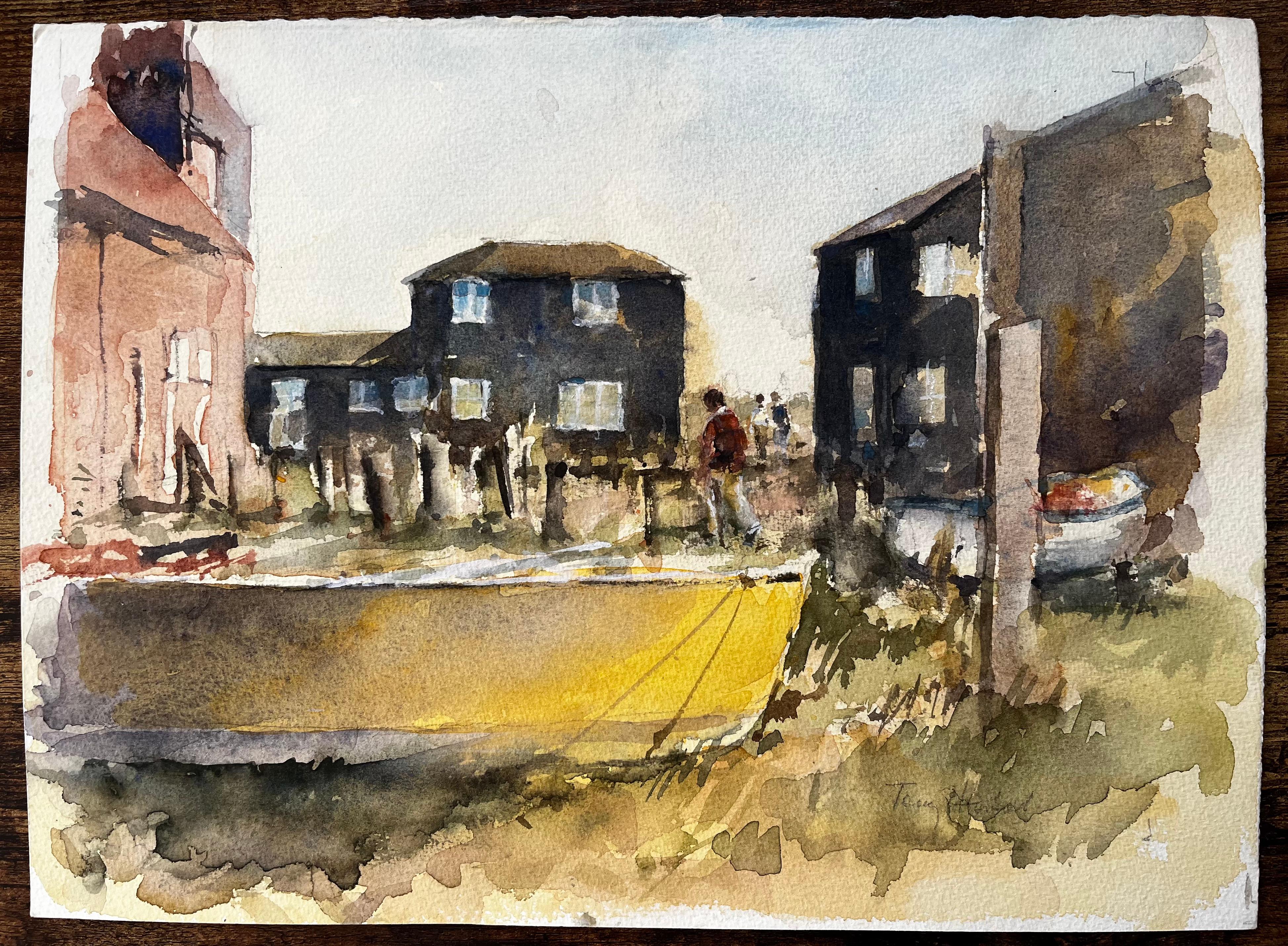 Southwold Küstenhäuser mit Figuren und gelben Boot Suffolk Aquarell Szene – Art von Anthony Herbert