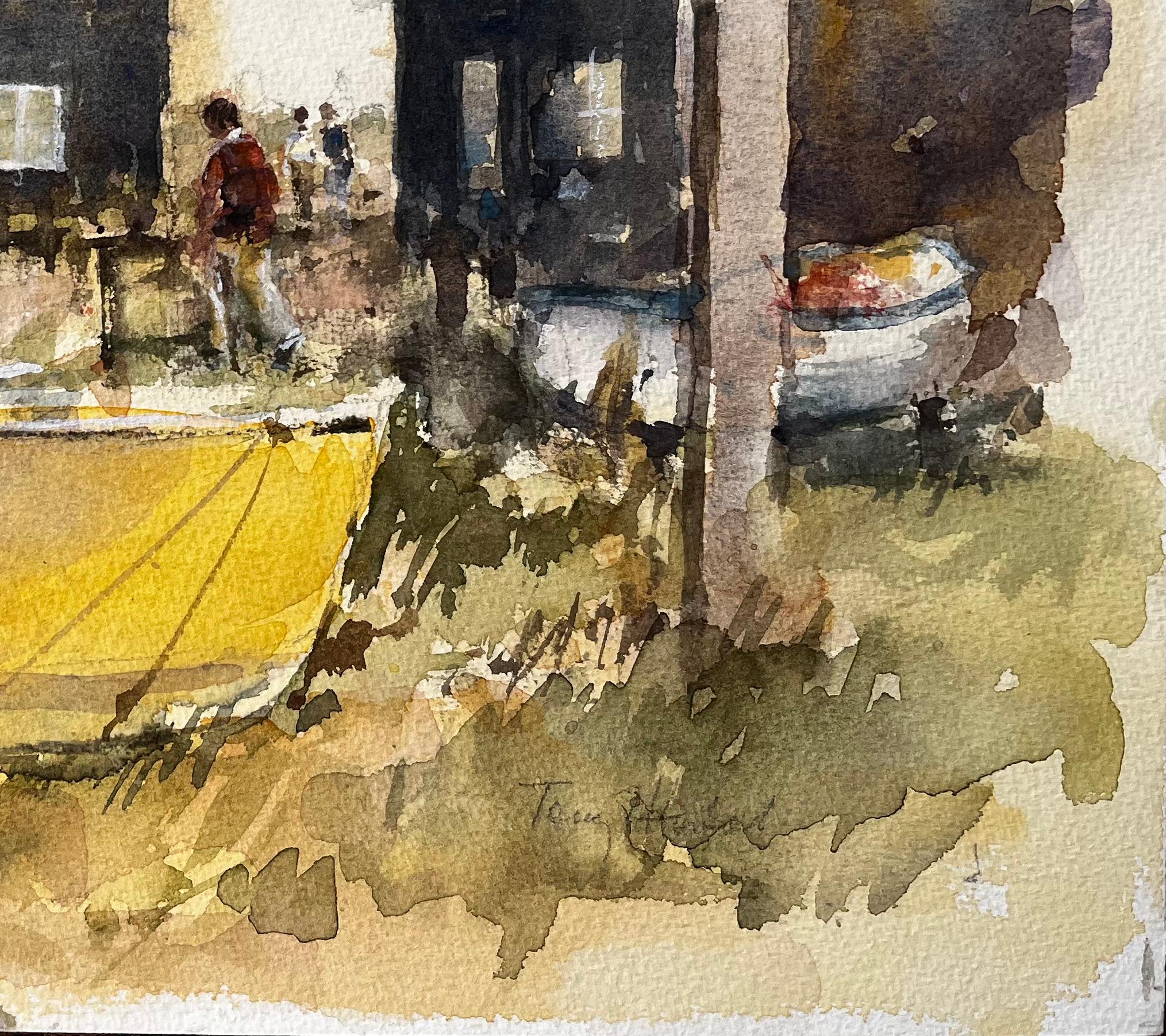 Southwold Küstenhäuser mit Figuren und gelben Boot Suffolk Aquarell Szene (Impressionismus), Art, von Anthony Herbert