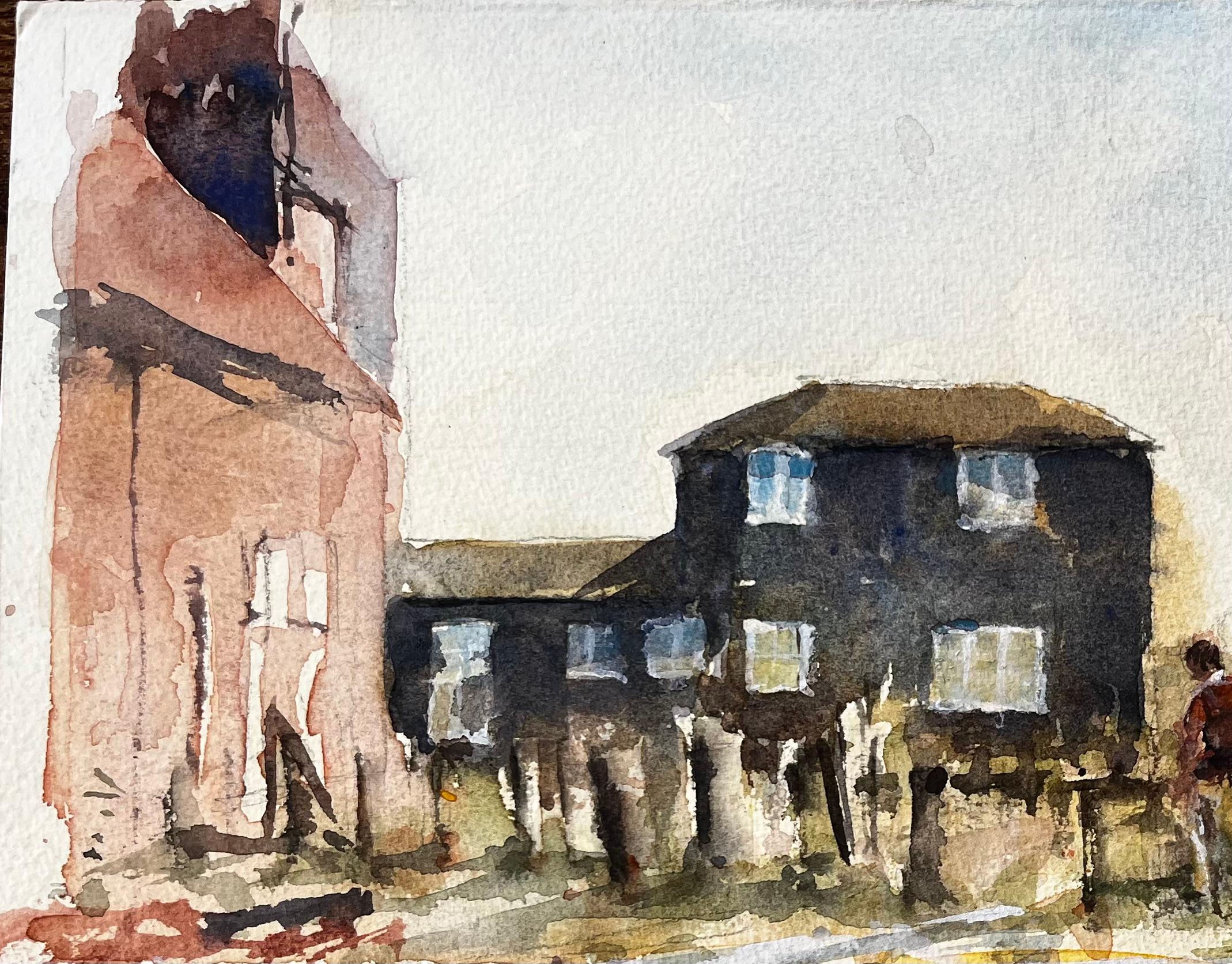 Southwold Küstenhäuser mit Figuren und gelben Boot Suffolk Aquarell Szene im Angebot 1