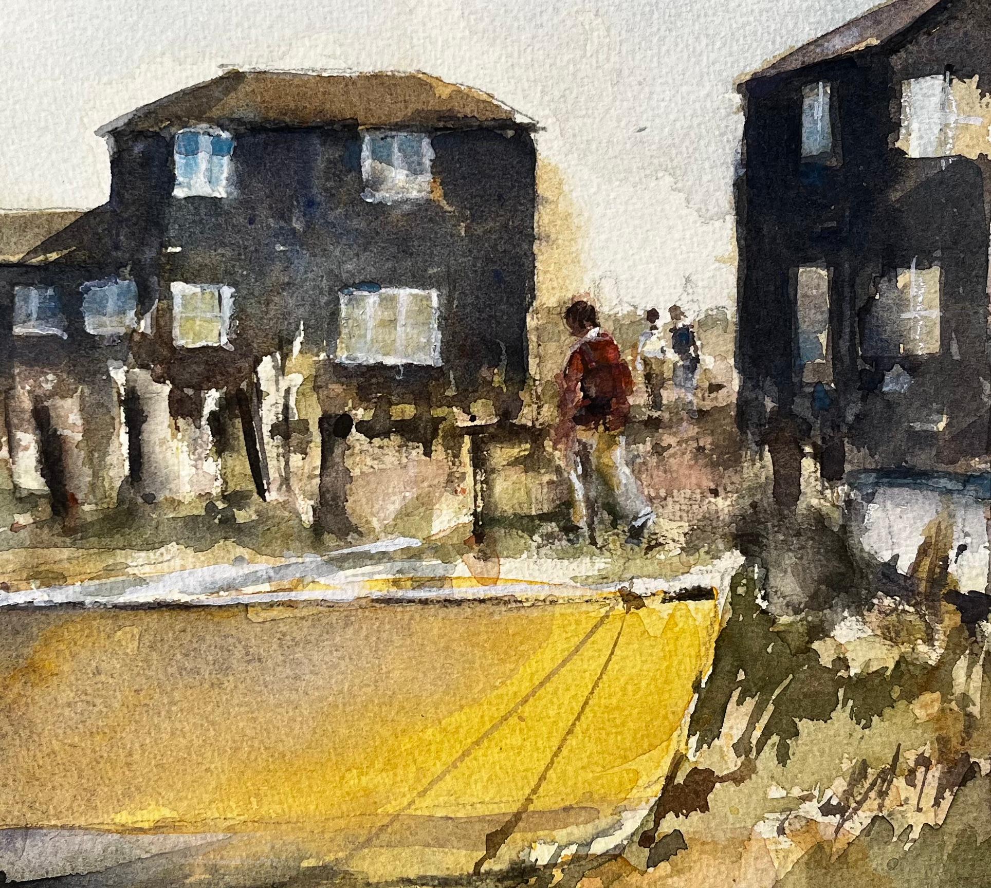 Southwold Küstenhäuser mit Figuren und gelben Boot Suffolk Aquarell Szene im Angebot 2