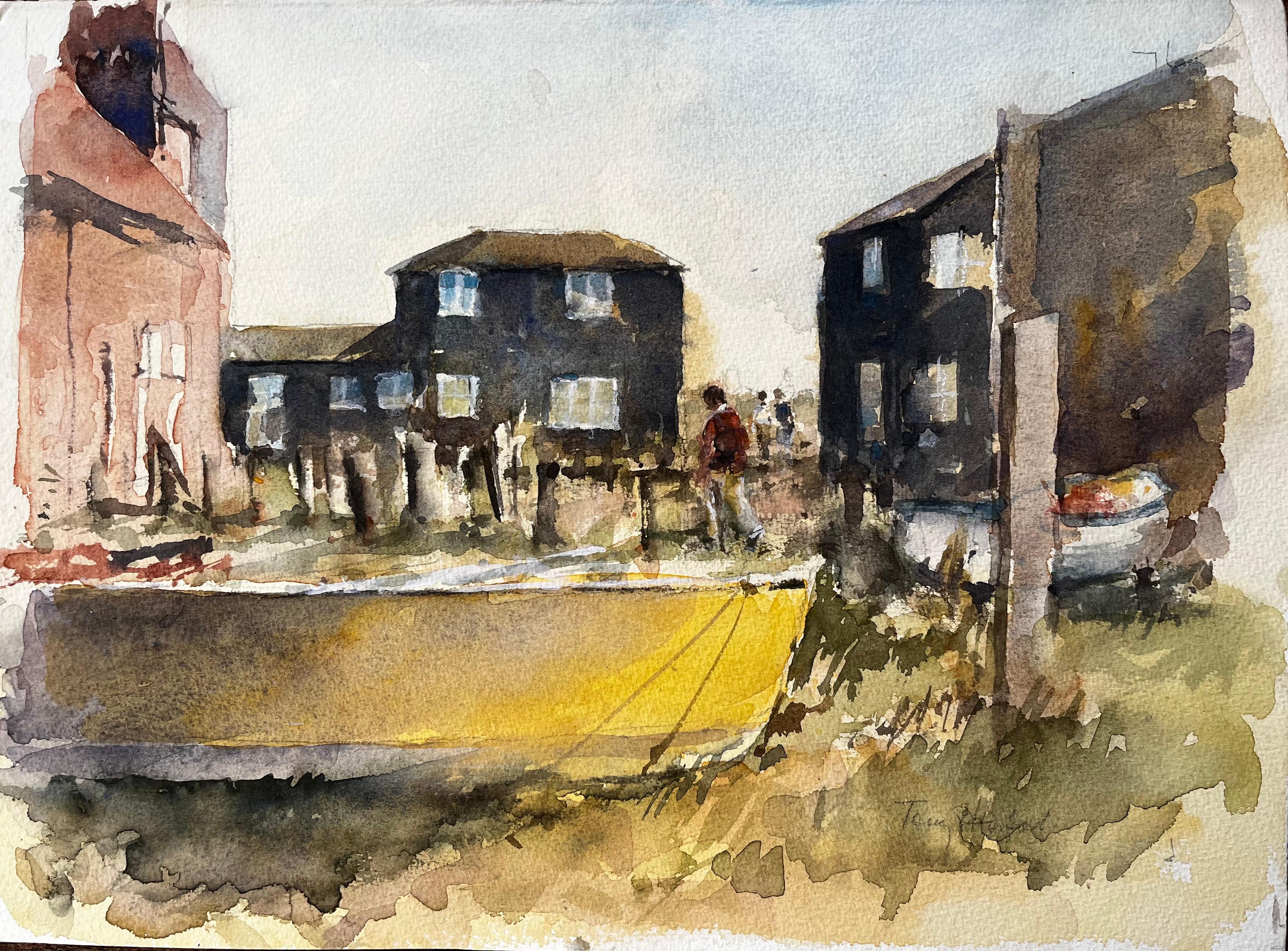 Southwold Maisons côtières avec personnages et bateau jaune Scène aquarelle Suffolk