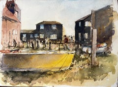 Southwold Maisons côtières avec personnages et bateau jaune Scène aquarelle Suffolk