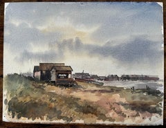Southwold Harbour Ferry Hut with Distant Shoreline and Boats Watercolour