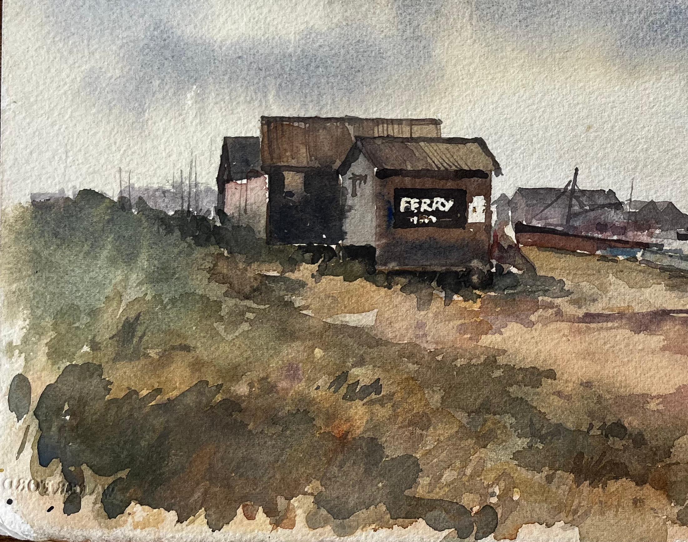 Southwold Harbour Fährhaus mit entfernter Küstenlinie und Booten Aquarell (Impressionismus), Painting, von Anthony Herbert