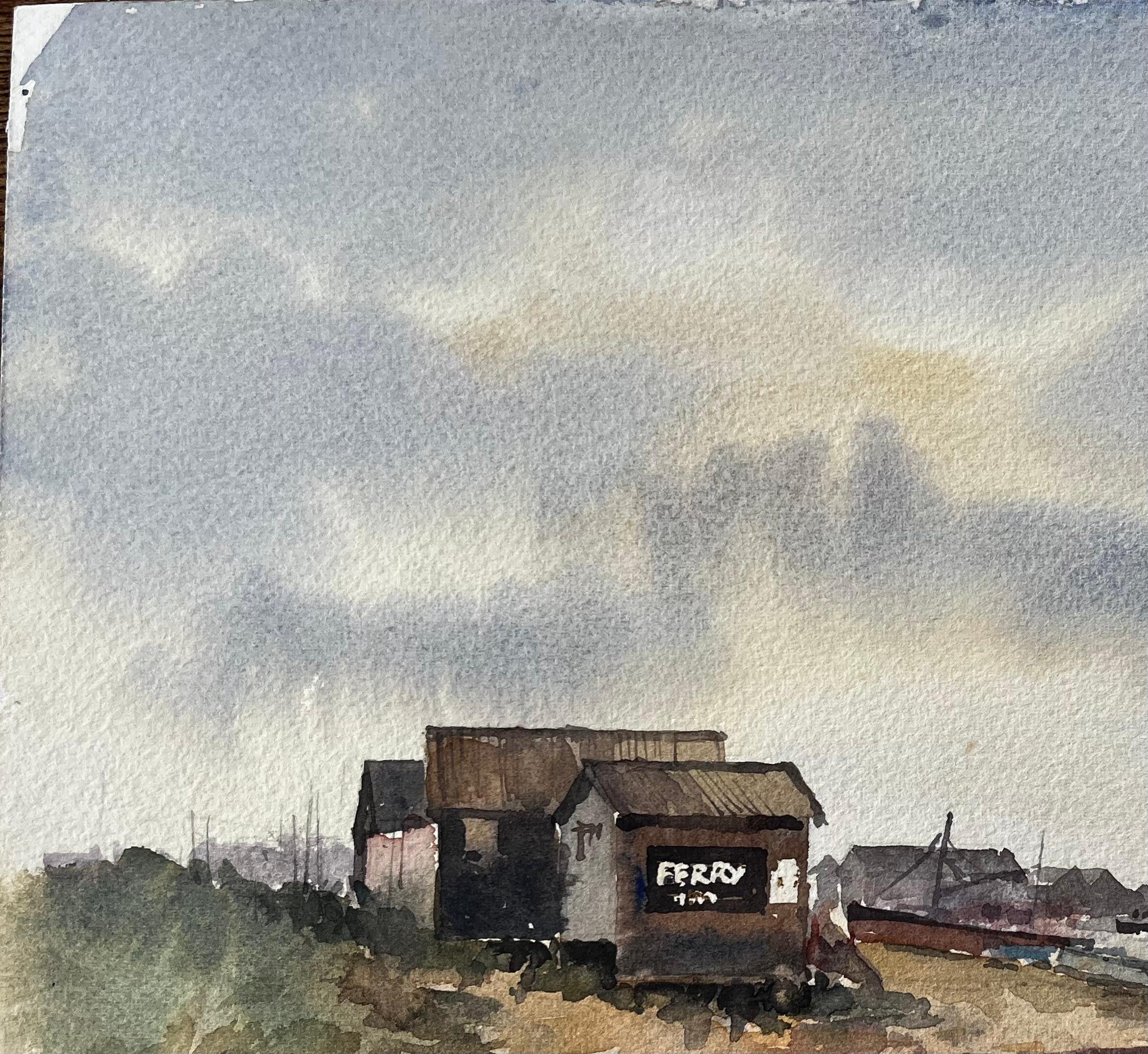 Southwold Harbour Fährhaus mit entfernter Küstenlinie und Booten Aquarell im Angebot 1
