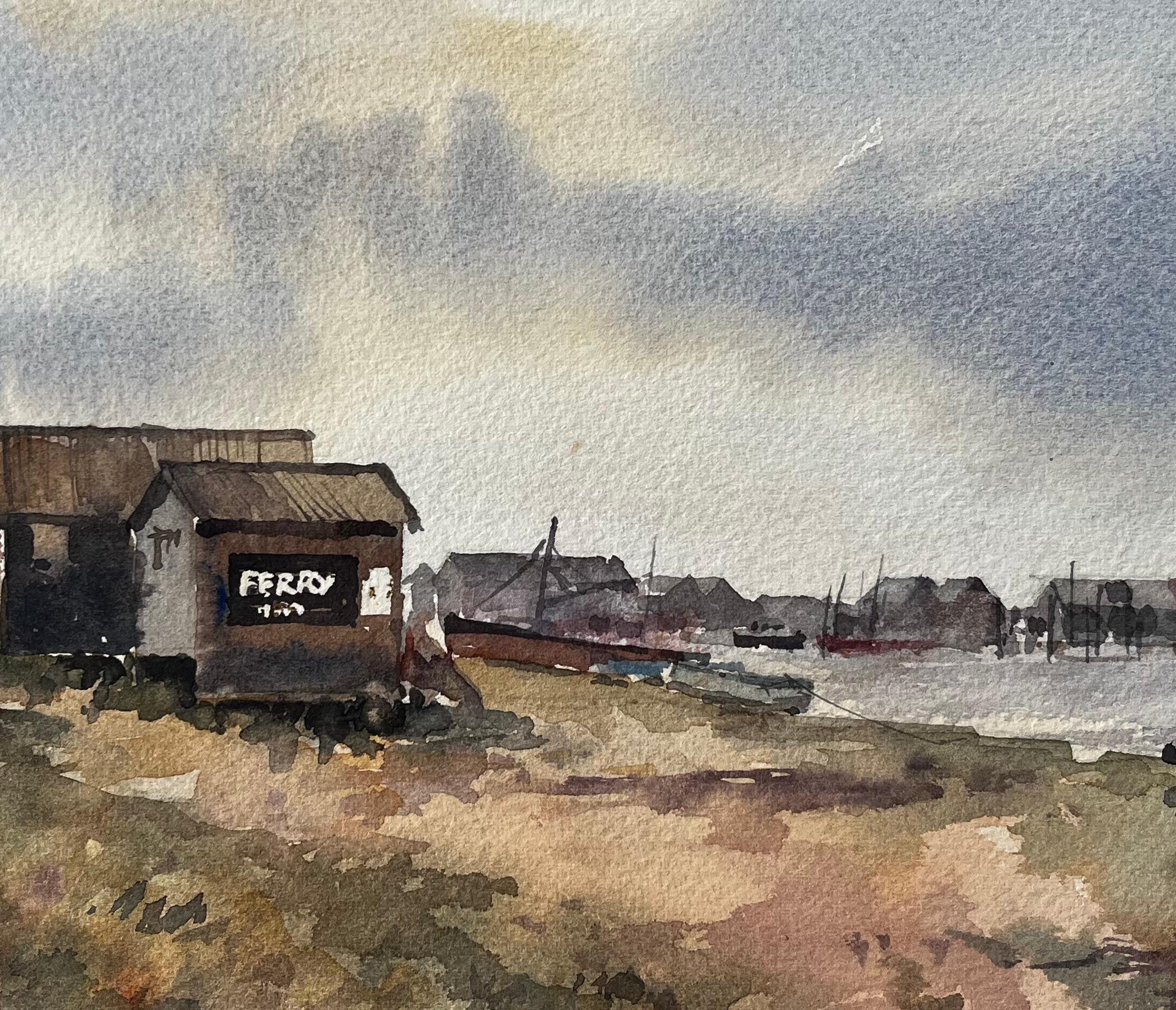 Southwold Harbour Fährhaus mit entfernter Küstenlinie und Booten Aquarell im Angebot 2