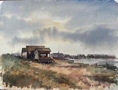 Southwold Harbour Ferry Hut with Distant Shoreline and Boats Watercolour