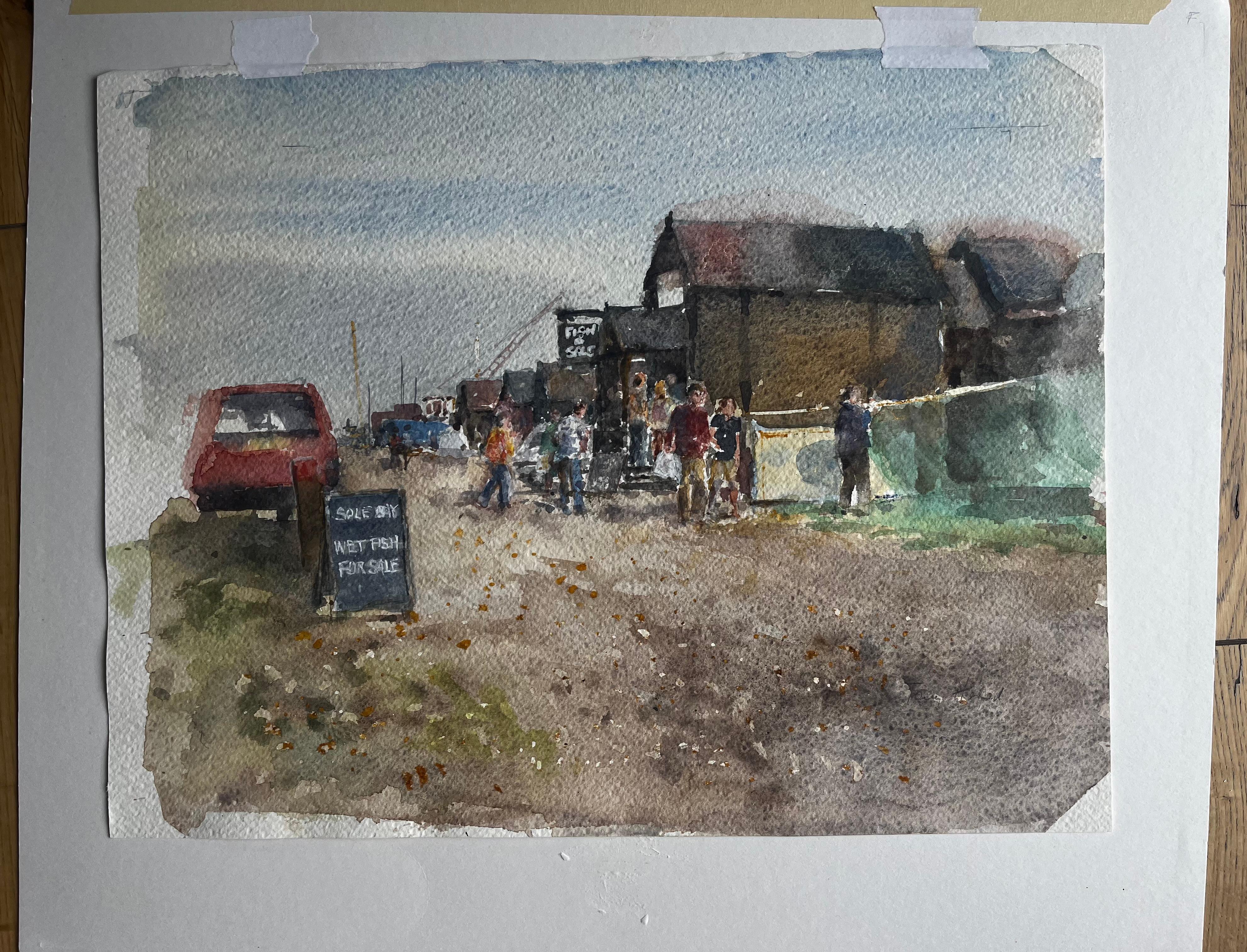 Southwold Harbour Fish Market Scene with Figures and Sheds Original Watercolour - Art by Anthony Herbert