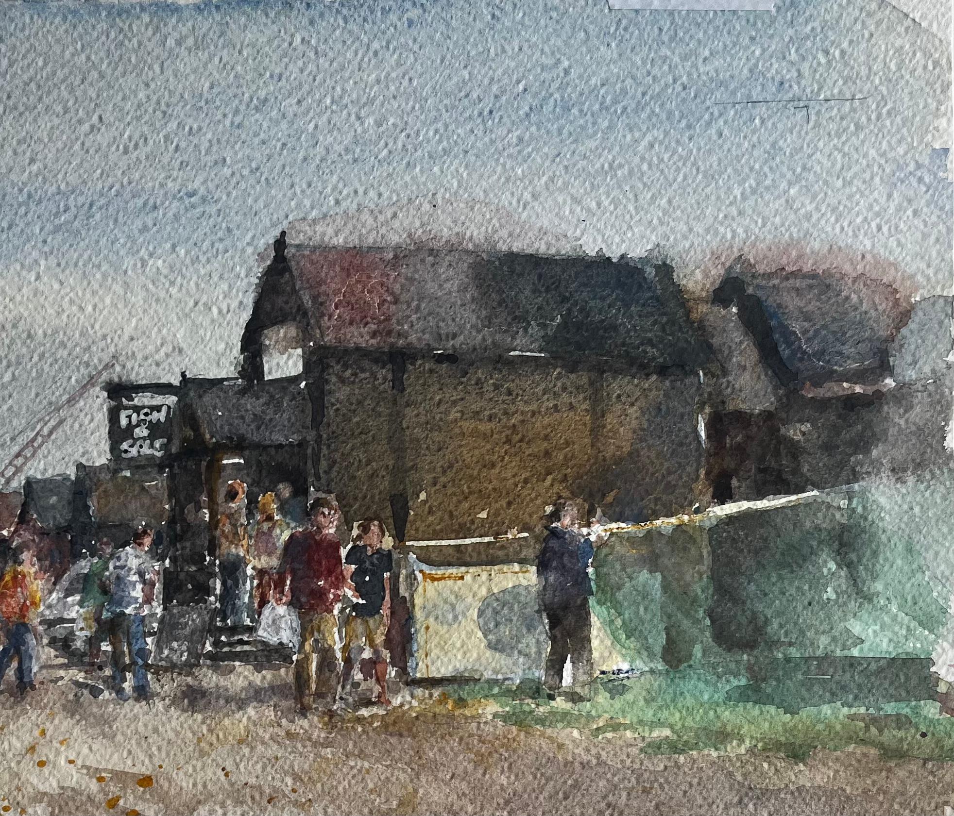 Southwold Harbour Fish Market Scene with Figures and Sheds Original Watercolour - Impressionist Art by Anthony Herbert