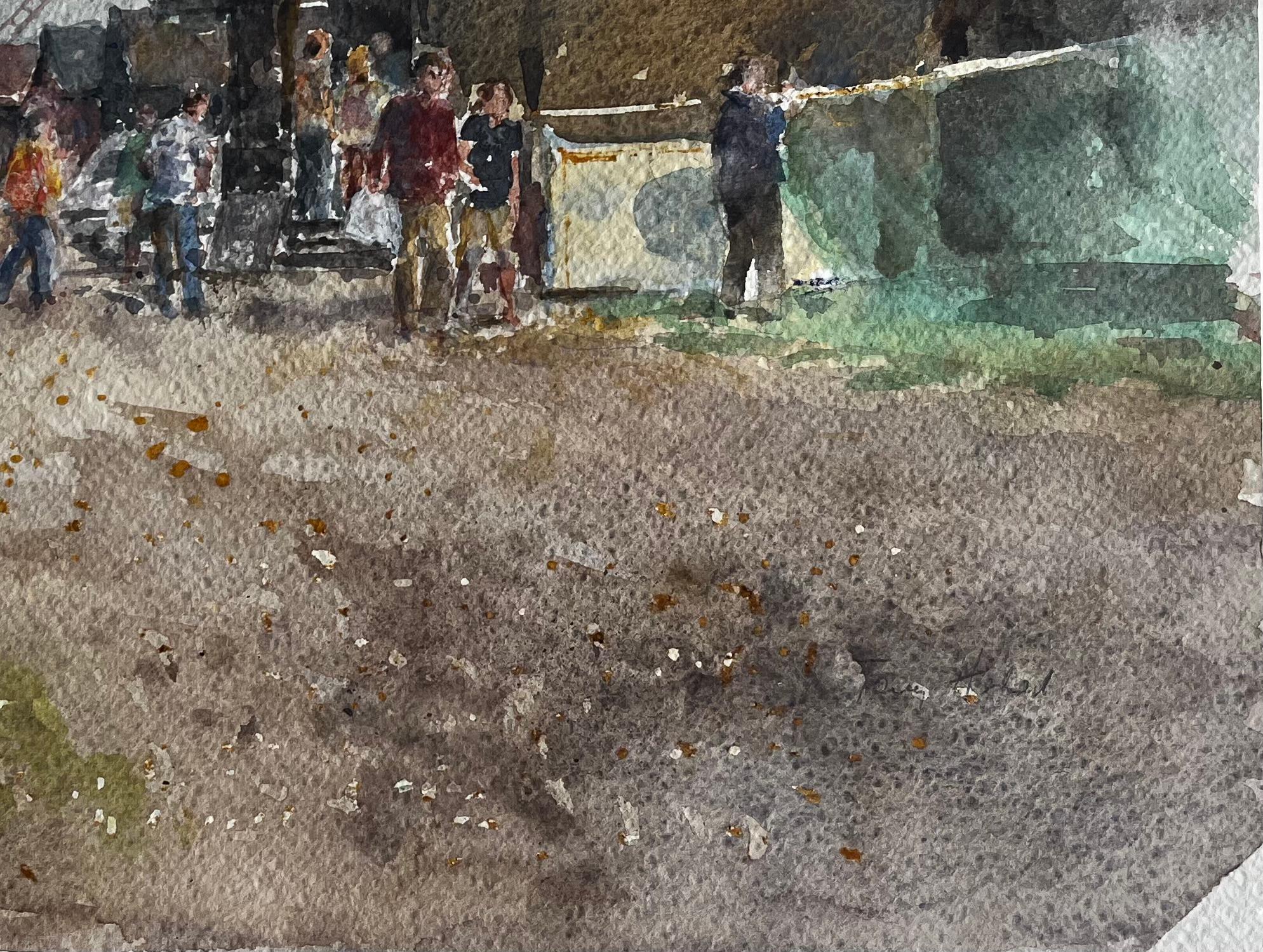 Southwold Harbour Fish Market Scene with Figures and Sheds Original Watercolour - Gray Landscape Art by Anthony Herbert