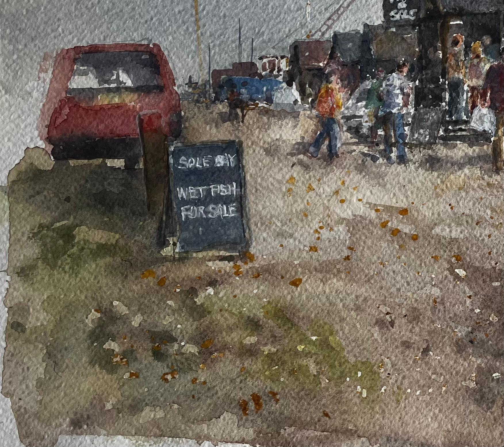Title: Southwold Harbour Fish Market Scene with Figures and Sheds Original Watercolour
By Tony Herbert (1927-2024)
Signed: Bottom right
Medium: Watercolor on paper, mounted
Size: 16 inches (height) x 19 inches (width)
Condition: good, with some