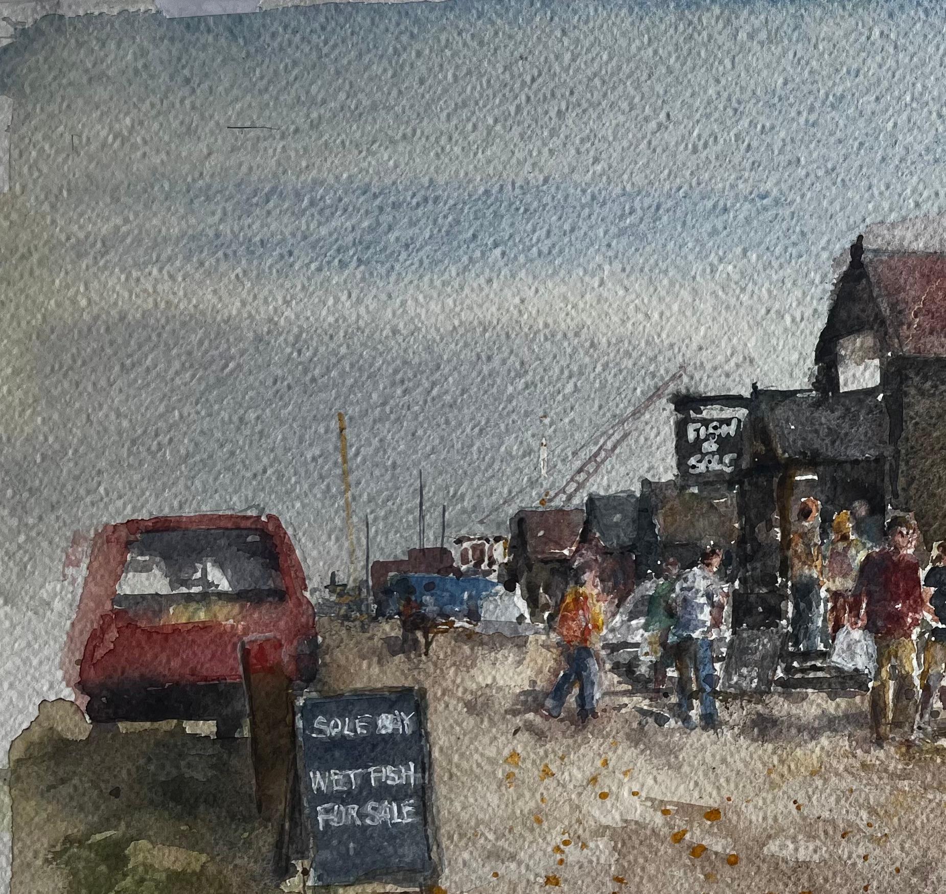 Southwold Harbour Fish Market Scene with Figures and Sheds Original Watercolour For Sale 1