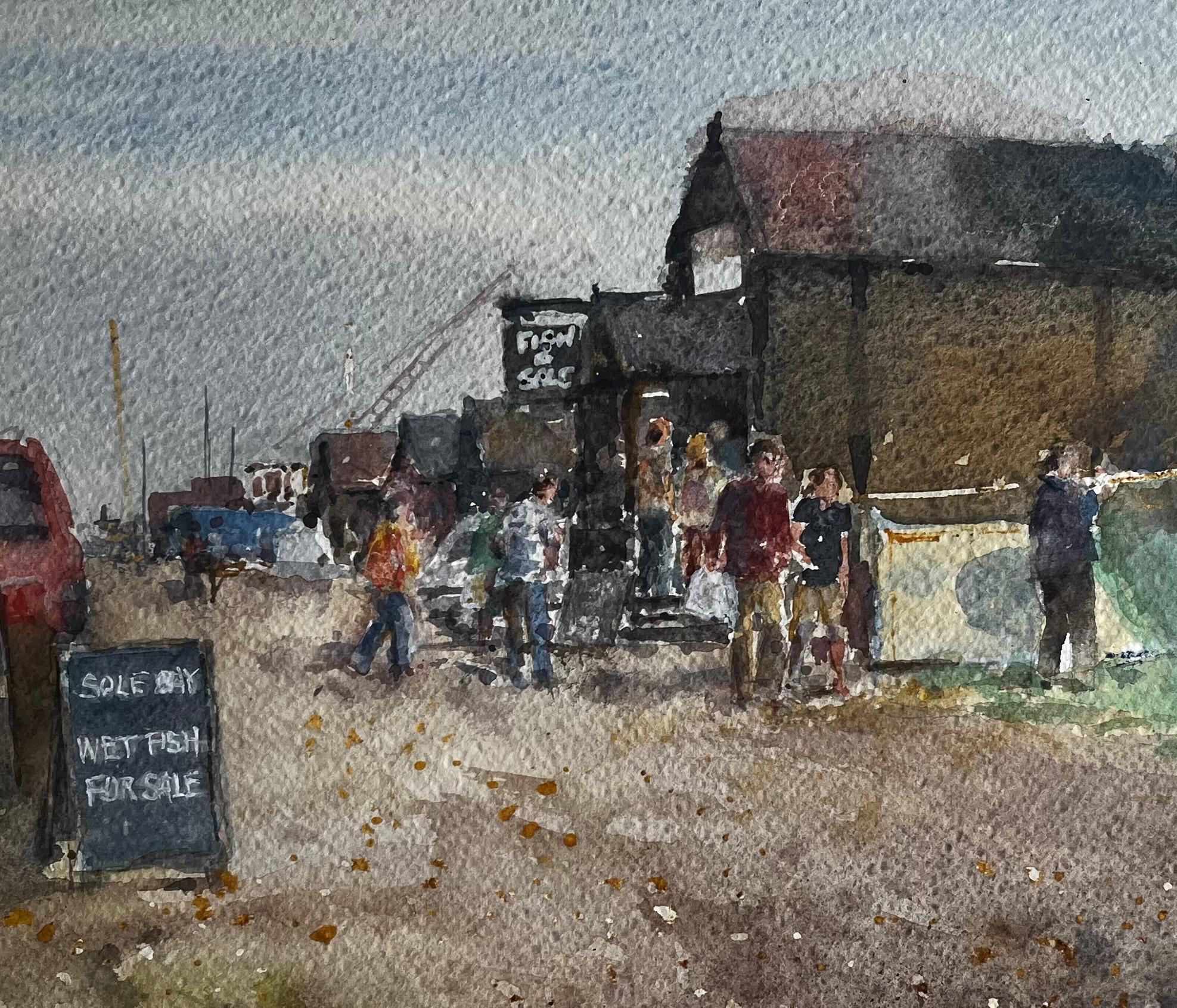Southwold Harbour Fish Market Scene with Figures and Sheds Original Watercolour For Sale 2
