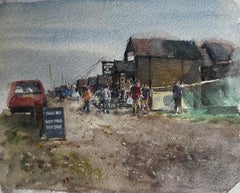 Southwold Harbour Fish Market Scene with Figures and Sheds Original Watercolour