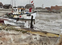 Southwold Harbour Fishing Boat Low Tide Estuary Scene with Sheds and Moorings