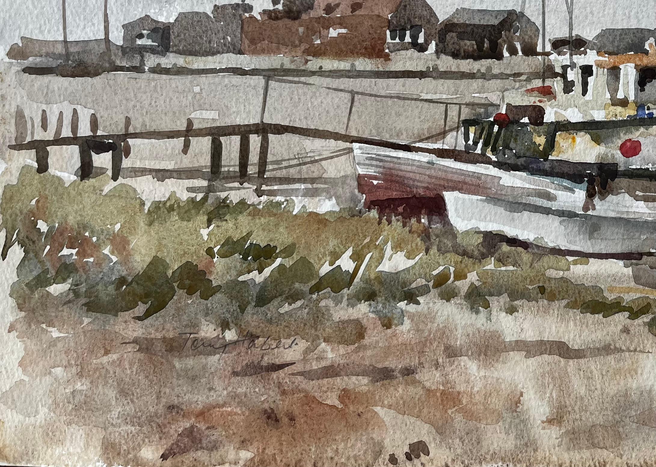 Southwold Harbour Fischerboot Niedrigwasser Mündungsszene mit Schuppen und Liegeplätzen (Grau), Landscape Painting, von Anthony Herbert