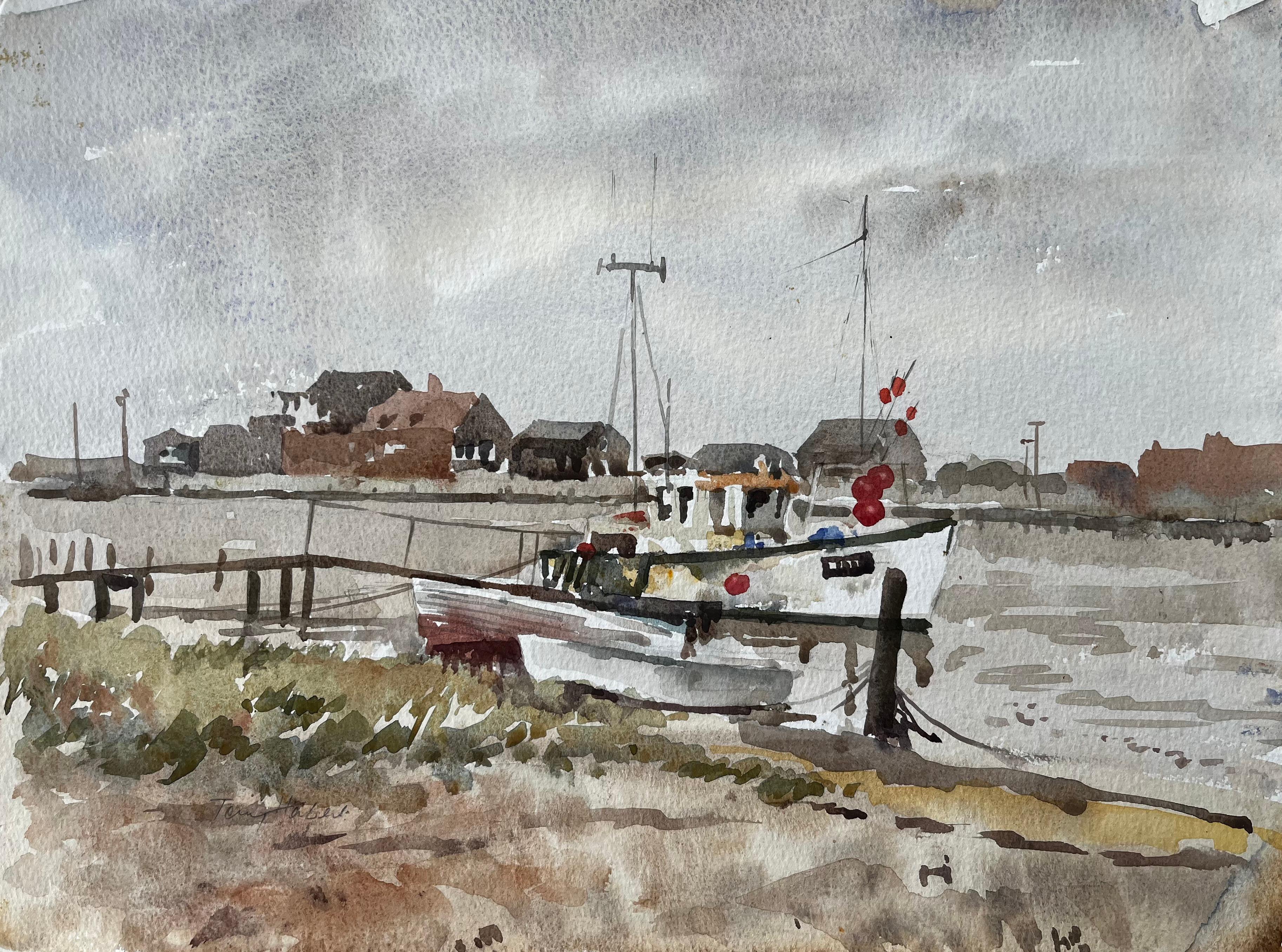 Southwold Harbour Fischerboot Niedrigwasser Mündungsszene mit Schuppen und Liegeplätzen