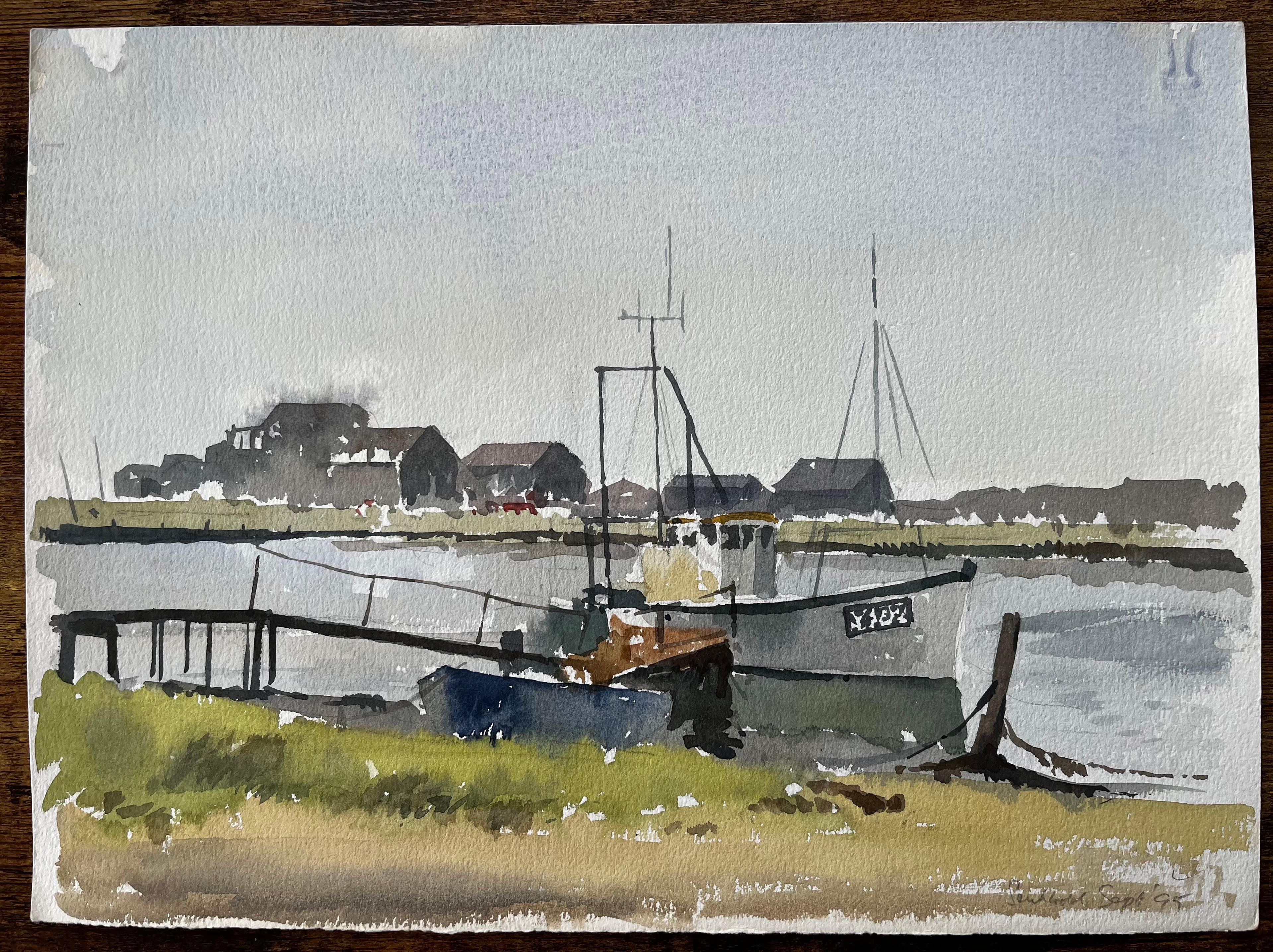 Southwold Harbour Fischerboote und Anlegesteg Küsten-Aquarell-Szene 1995 – Art von Anthony Herbert