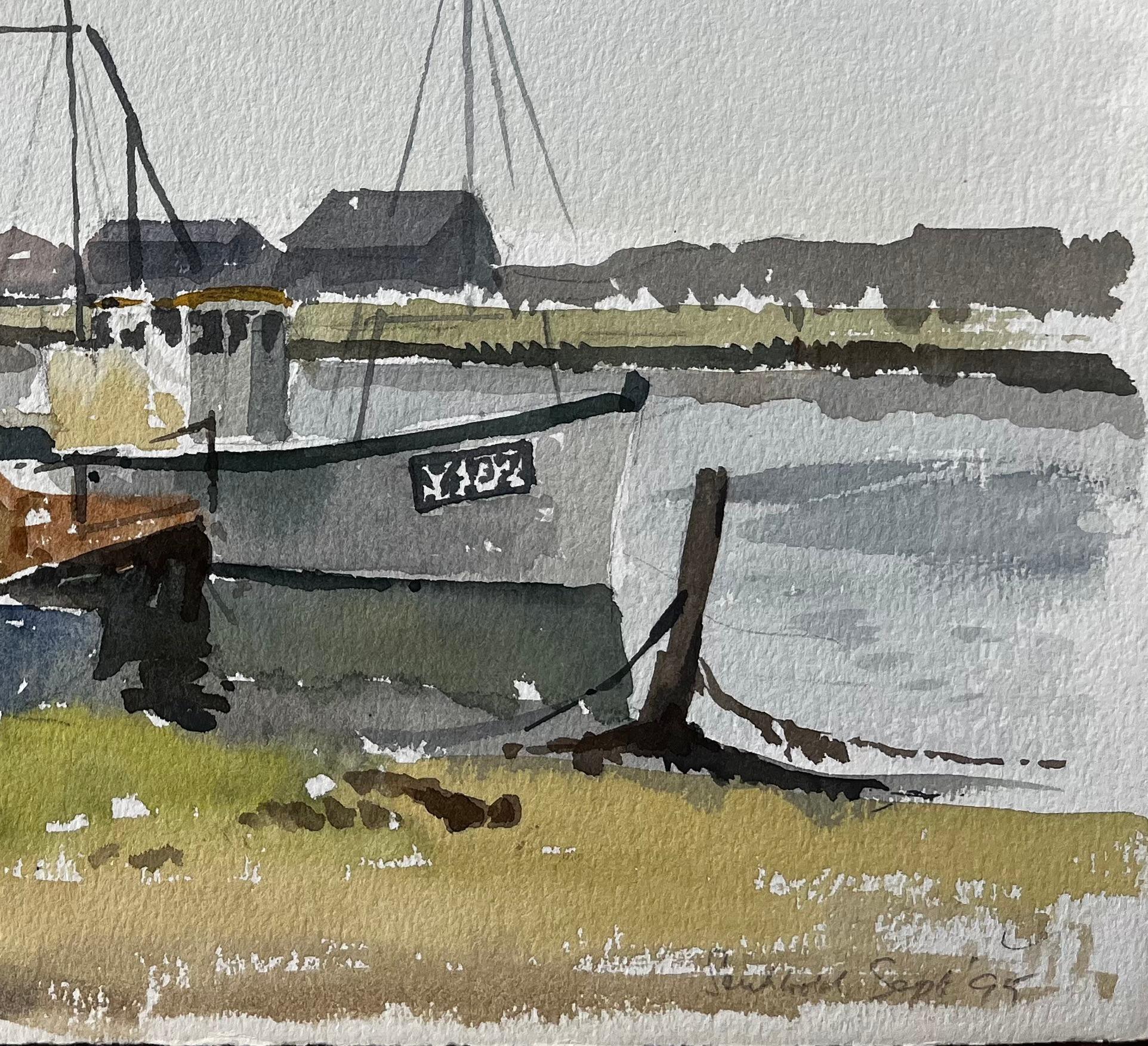 Southwold Harbour Fischerboote und Anlegesteg Küsten-Aquarell-Szene 1995 (Impressionismus), Art, von Anthony Herbert