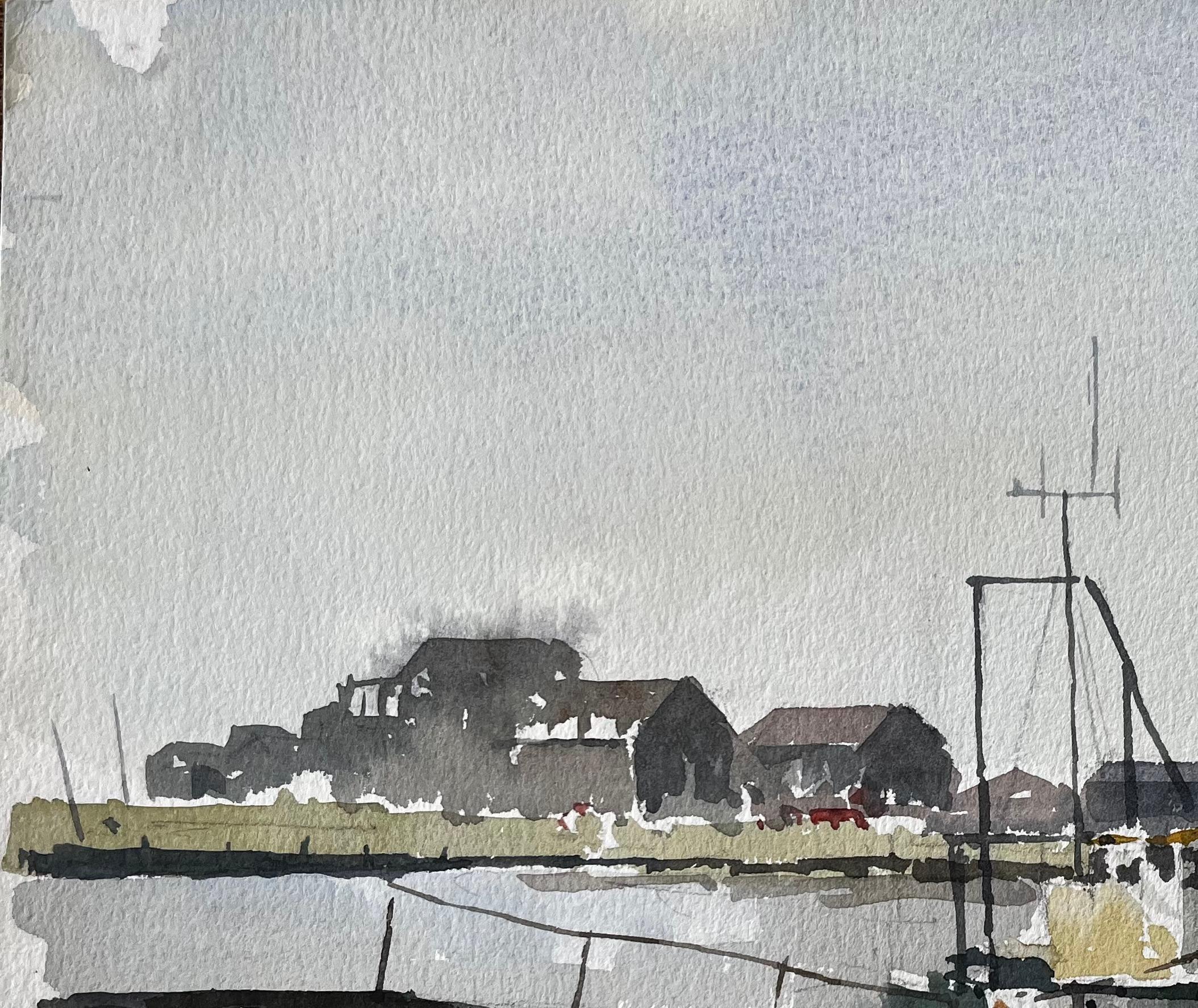 Titel: Southwold Harbour Fischerboote und Anlegesteg Küsten-Aquarell-Szene 1995
Von Tony Herbert (1927-2024)
Eingeschrieben: 