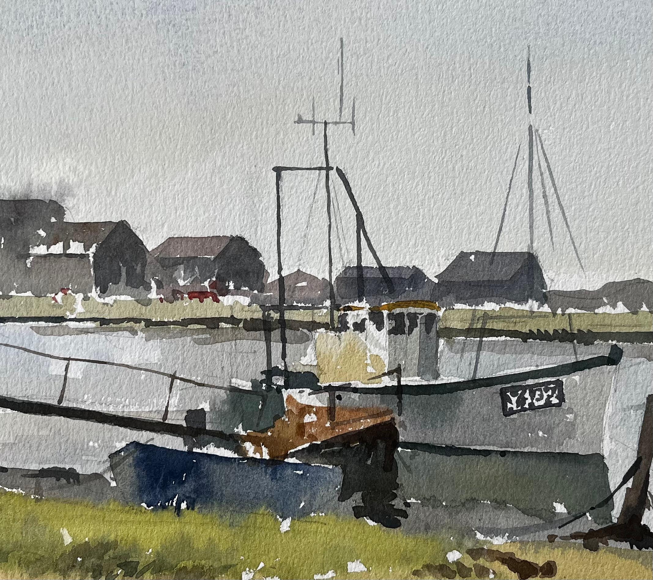 Southwold Harbour Fischerboote und Anlegesteg Küsten-Aquarell-Szene 1995 im Angebot 2