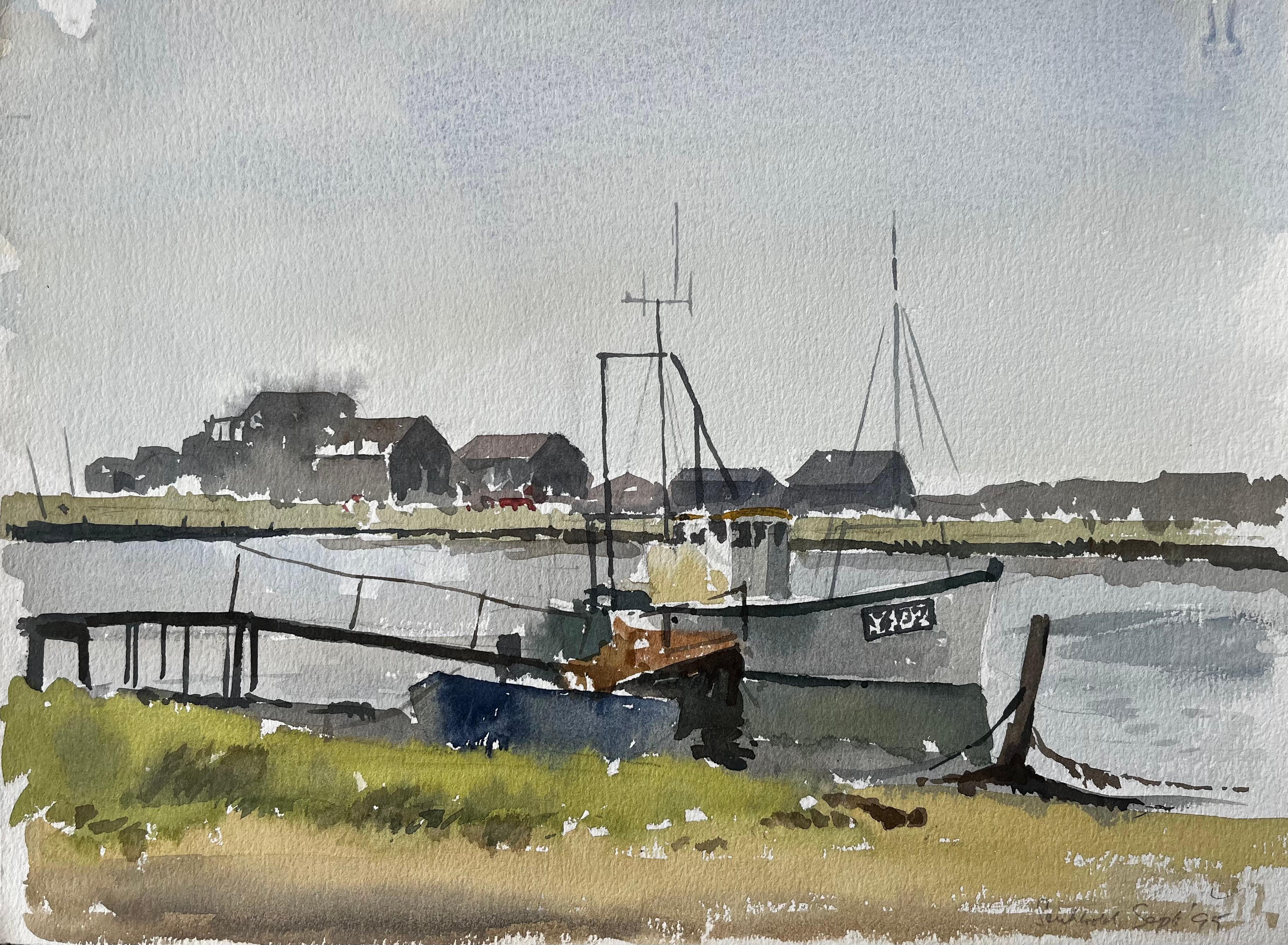 Southwold Harbour Fischerboote und Anlegesteg Küsten-Aquarell-Szene 1995