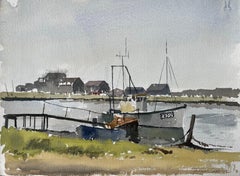 Southwold Harbour Barcos de pesca y embarcadero Escena costera en acuarela 1995