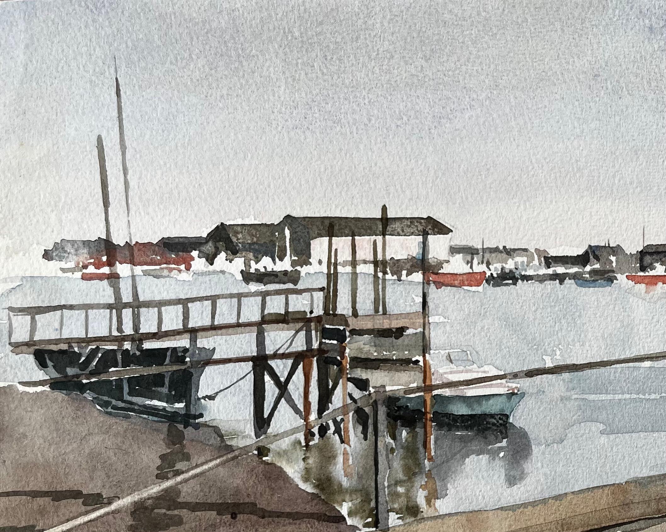 Southwold Harbour Suffolk Blick über die Mündung mit Anlegebooten und Fischerhütten (Impressionismus), Art, von Anthony Herbert