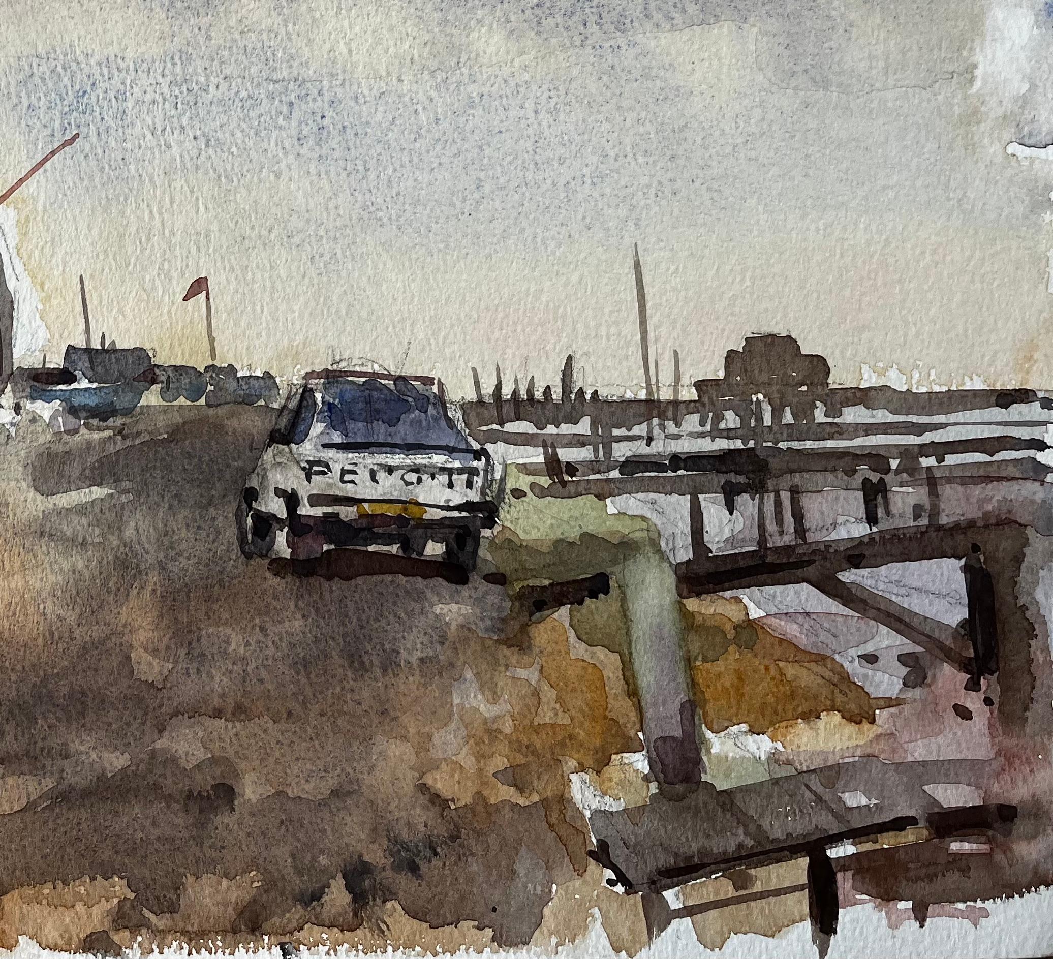 Southwold Harbour mit vertäuten Schiffen Peugeot Car und Cloudy Sky (Impressionismus), Painting, von Anthony Herbert