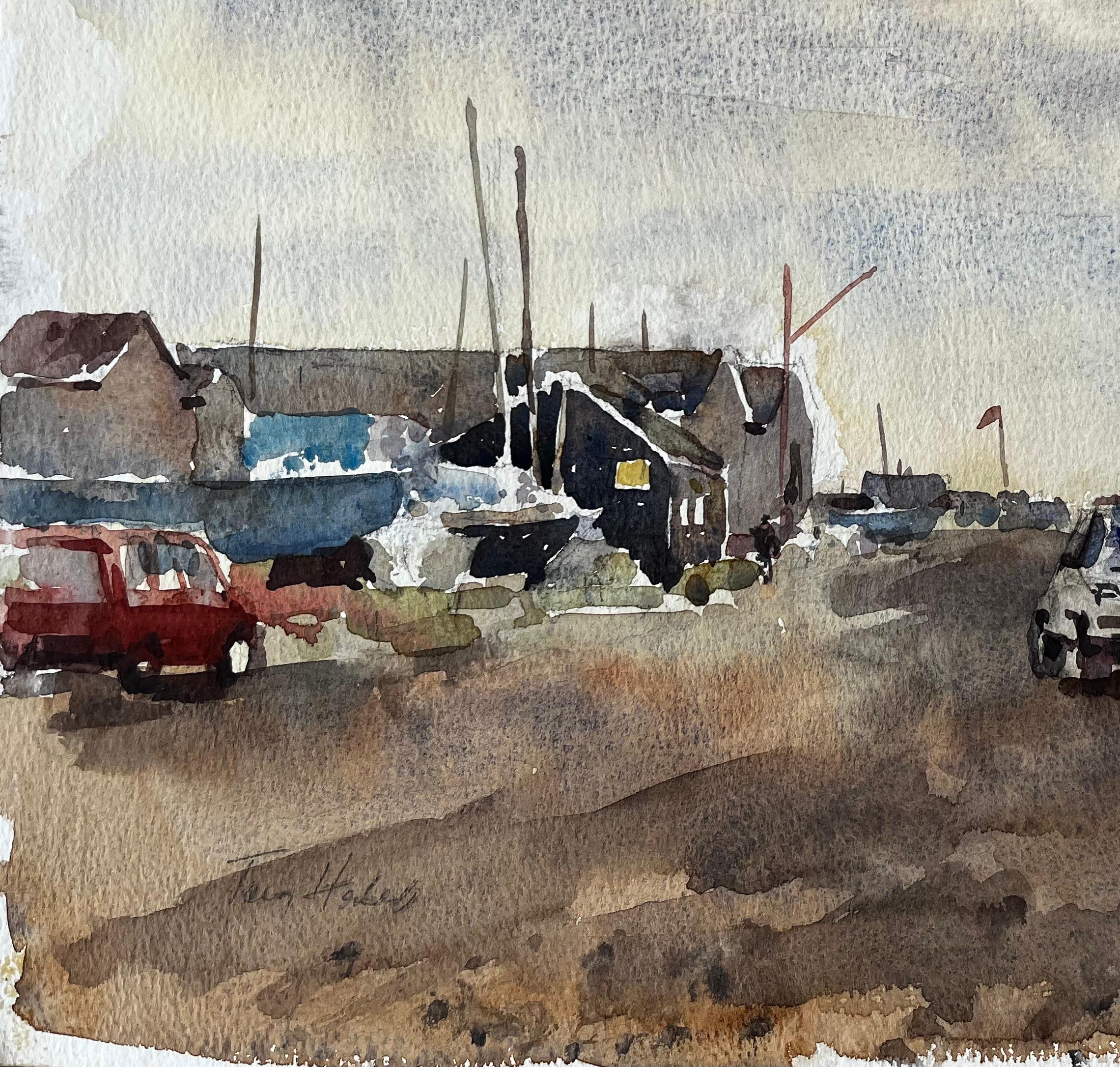 Southwold Harbour mit vertäuten Schiffen Peugeot Car und Cloudy Sky (Grau), Landscape Painting, von Anthony Herbert