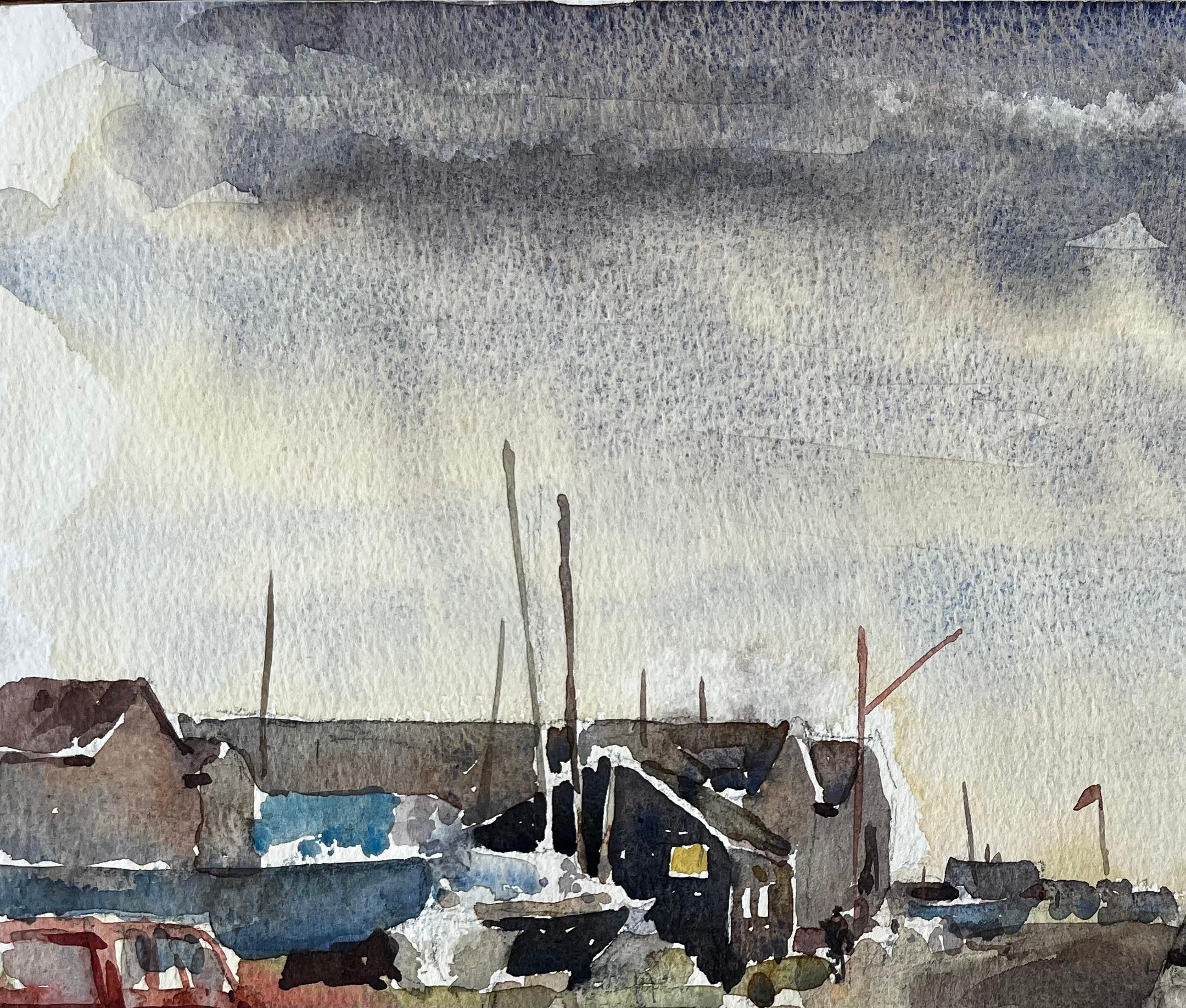 Southwold Harbour mit vertäuten Schiffen Peugeot Car und Cloudy Sky im Angebot 1