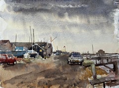 Southwold Harbour mit vertäuten Schiffen Peugeot Car und Cloudy Sky